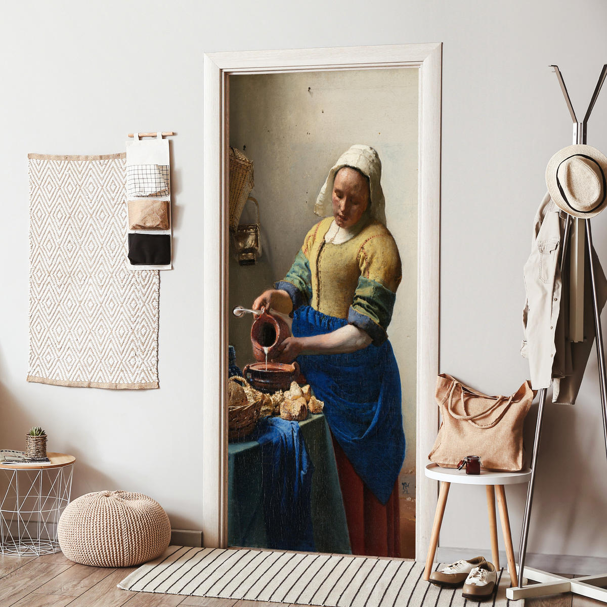 TÜRAUFKLEBER Das Milchmädchen - Johannes Vermeer Deko Schlafzimmer 95x215 cm - Türtapete - Dunkelblau, Kunststoff (95/0.1cm) - MuchoWow