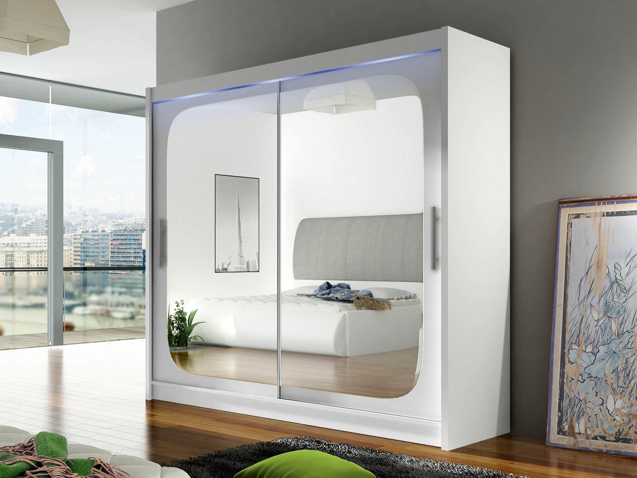 KLEIDERSCHRANK London VIII, mit RGB LED Beleuchtung - Silberfarben/Weiß, Holzwerkstoff/Kunststoff (180/215/58cm) - MIRJAN24