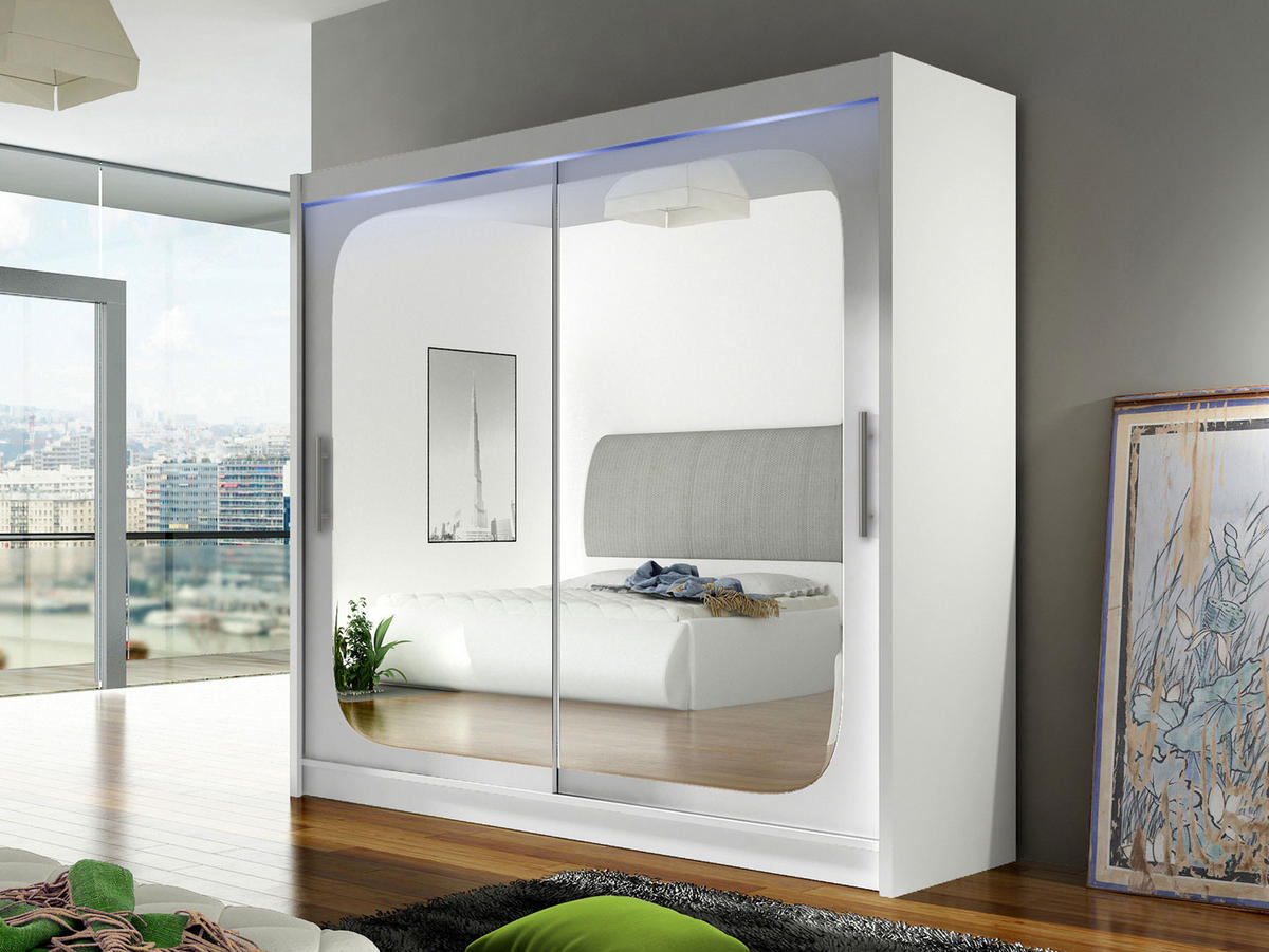 KLEIDERSCHRANK London VIII, mit RGB LED Beleuchtung - Silberfarben/Weiß, Holzwerkstoff/Kunststoff (180/215/58cm) - MIRJAN24