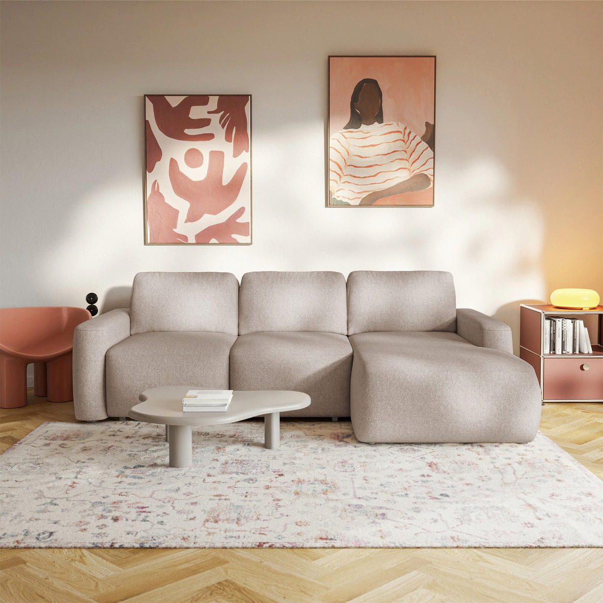ECKSOFA Carnos Mini Beige Chenille - Beige/Schwarz, Kunststoff/Textil (164/238cm) - Selsey
