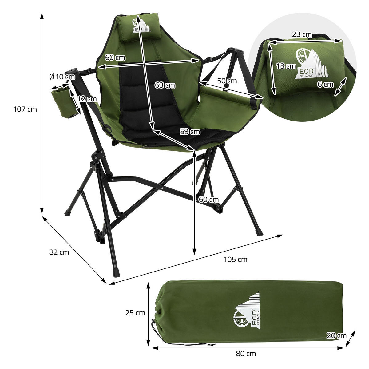 CAMPING-SCHAUKELSTUHL faltbar Khaki mit Stahlgestell 82x105x107 cm - Grün, Textil (105/107/82cm) - ECD-Germany