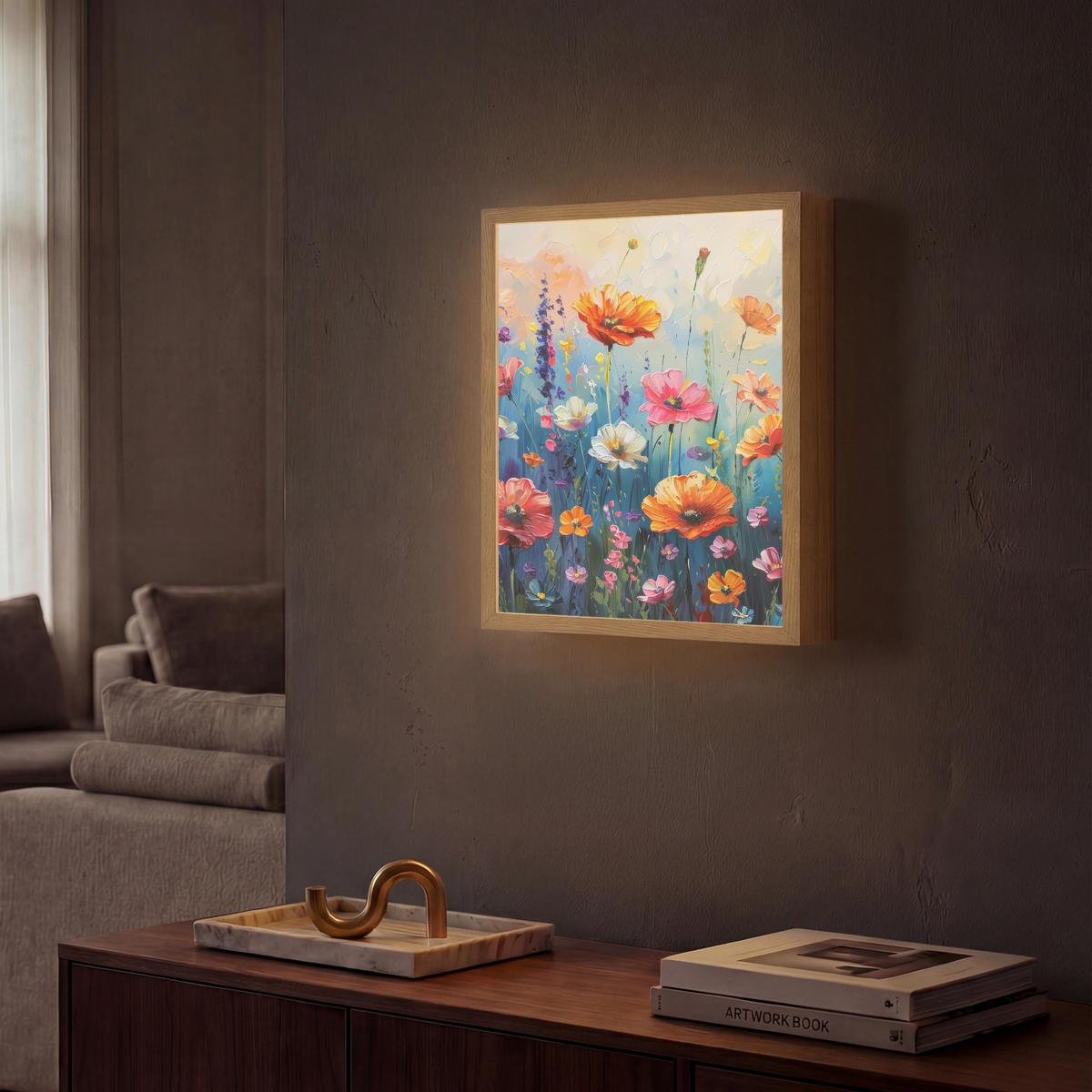 NÁSTĚNNÁ LAMPA S AKUMULÁTOREM Květiny - Příroda - Akvarel - Umění 30x40 cm - různobarevná, kompozitní dřevo (30/40/8cm) - OnlyWow