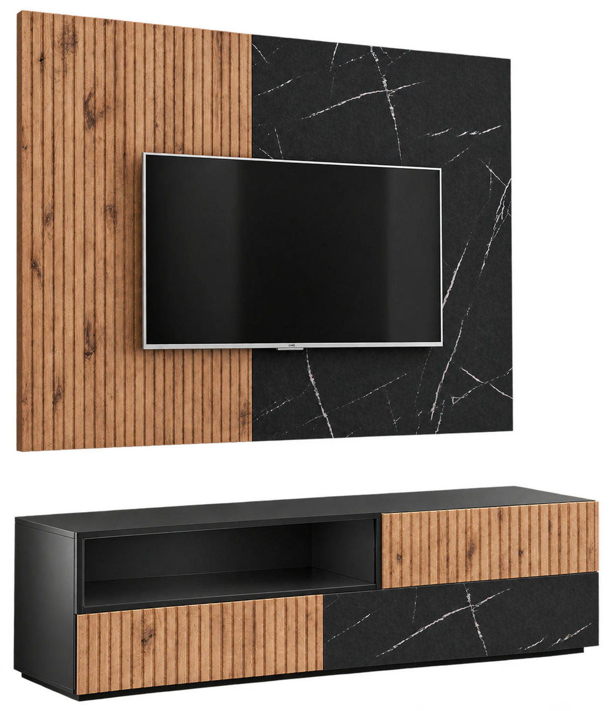 TV-LOWBOARD Eiche, Marmor schwarz 160 cm, TV Unterschrank Set mit Wandpaneel und Push-to-Open - Eichefarben/Schwarz, Holzwerkstoff/Kunststoff (160/180/45cm) - Inn.Furn