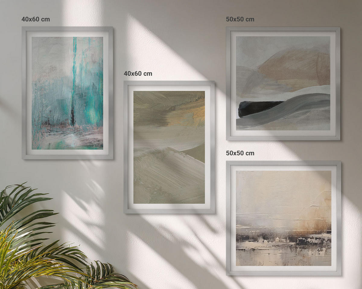 WANDBILDER 4er Set - 50x50 cm & 40x60 cm Silberner Rahmen - Gemalte abstrakte Dekorationen - Silberfarben, Kunststoff (50/50cm) - ArtPrintCave