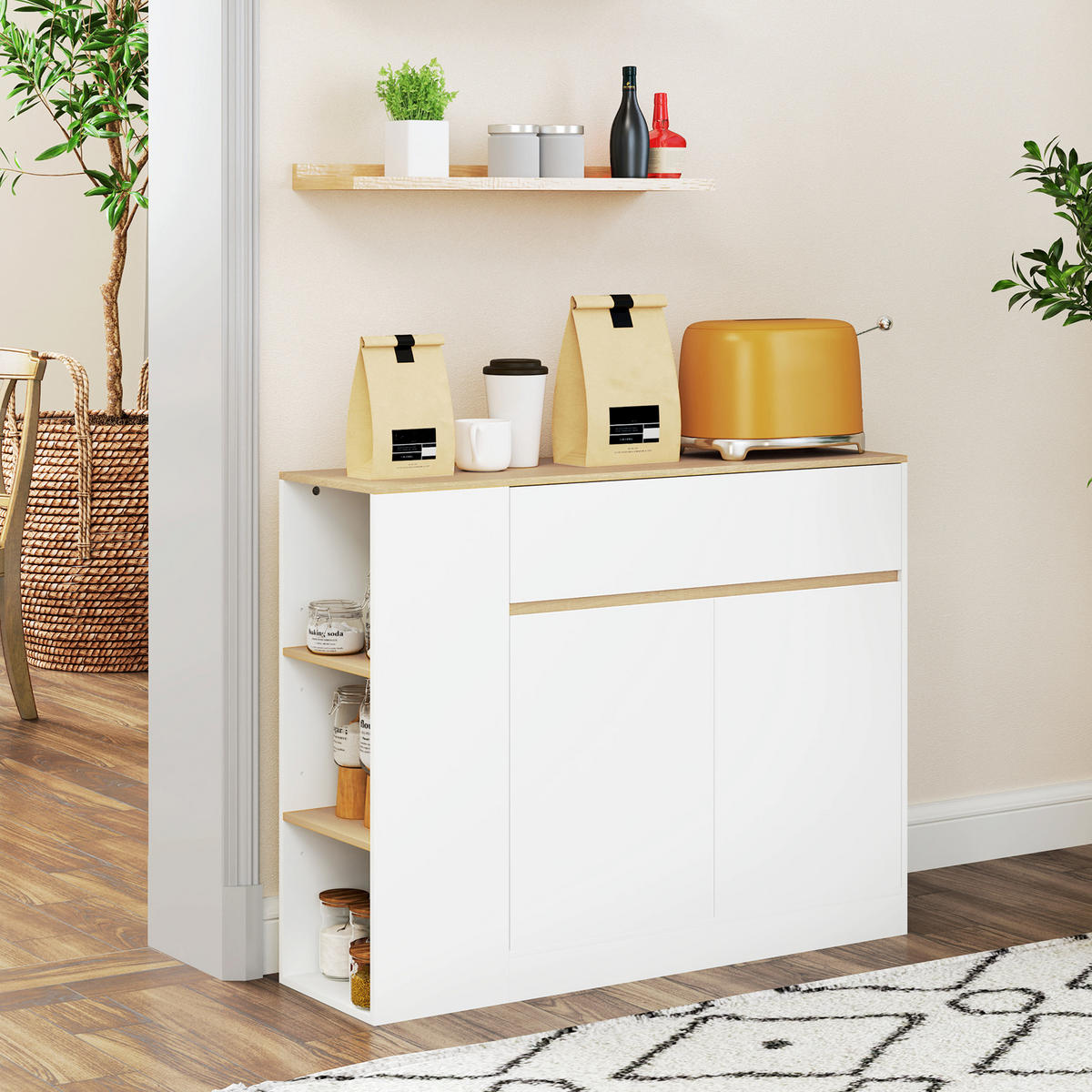 SIDEBOARD Küchenschrank mit Schublade, verstellbare Ablage, Aufbewahrungsschrank - Weiß/Naturfarben, Holz/Holzwerkstoff (30/81.5/105cm) - HOMCOM