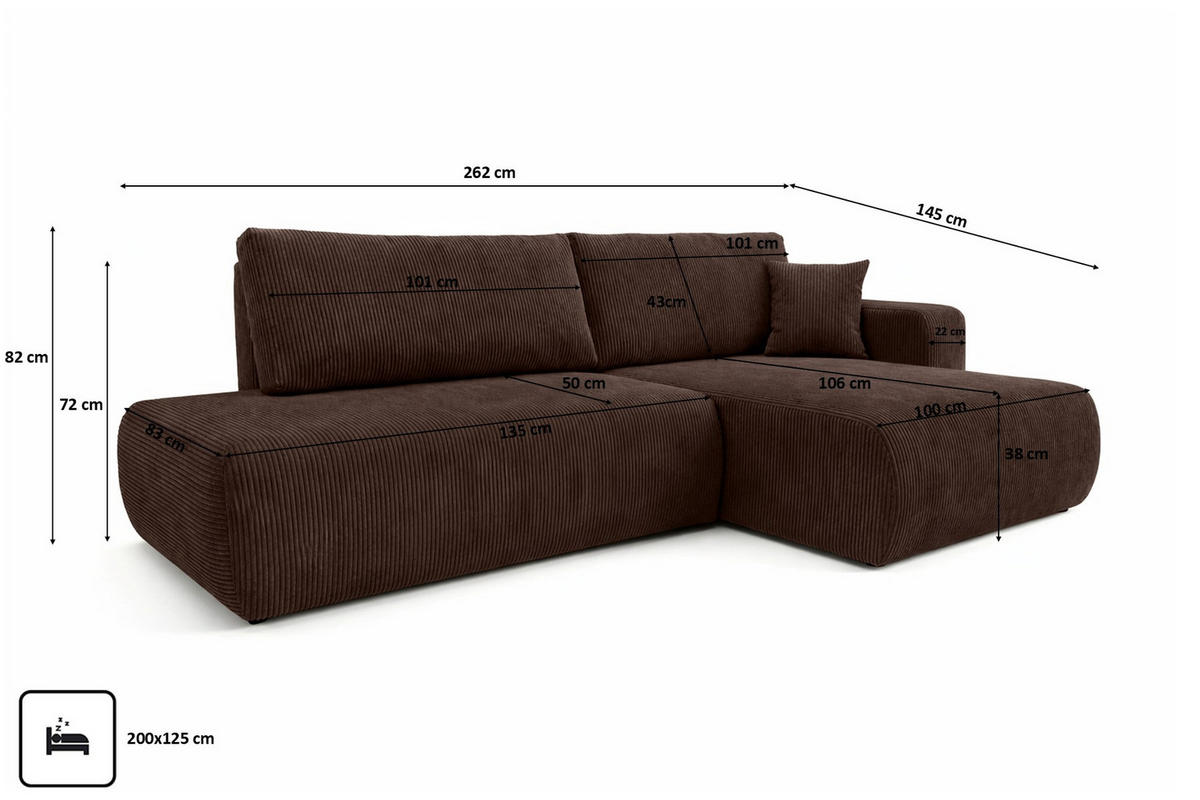 ECKSOFA Mit Schlaffunktion Und Bettkasten, Cordstoff Poso, Braun, Rechts, OPEN XL - Braun, Holz (262/145cm) - Kaiser Möbel