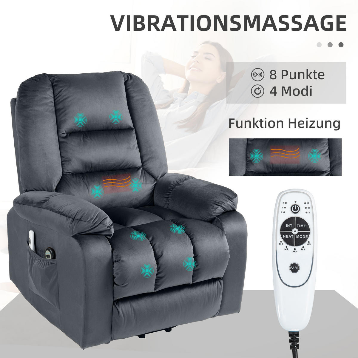 FERNSEHSESSEL mit Aufstehhilfe Elektrisch, Relaxsessel mit Liege-, Heizfunktion - Schwarz/Grau, Textil/Metall (94/107/85cm) - HOMCOM