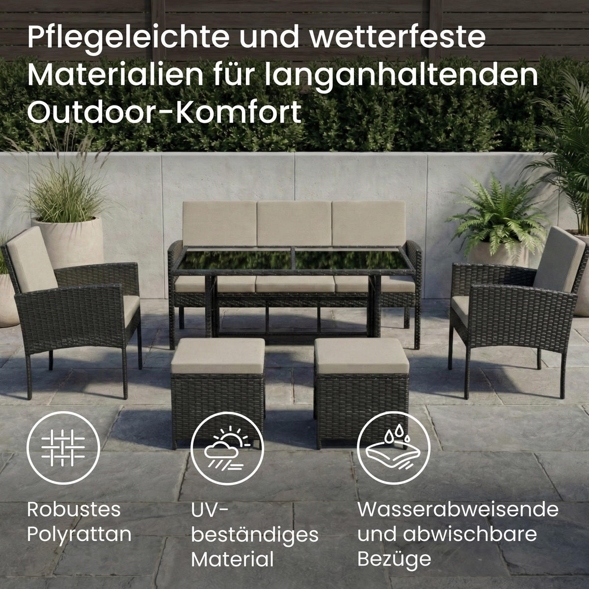 GARTENMÖBEL-SET mit 3-Sitzer Sofa, 2 Stühle, 2 Hocker mit graue Kissen - Grau, Metall - Home Collective