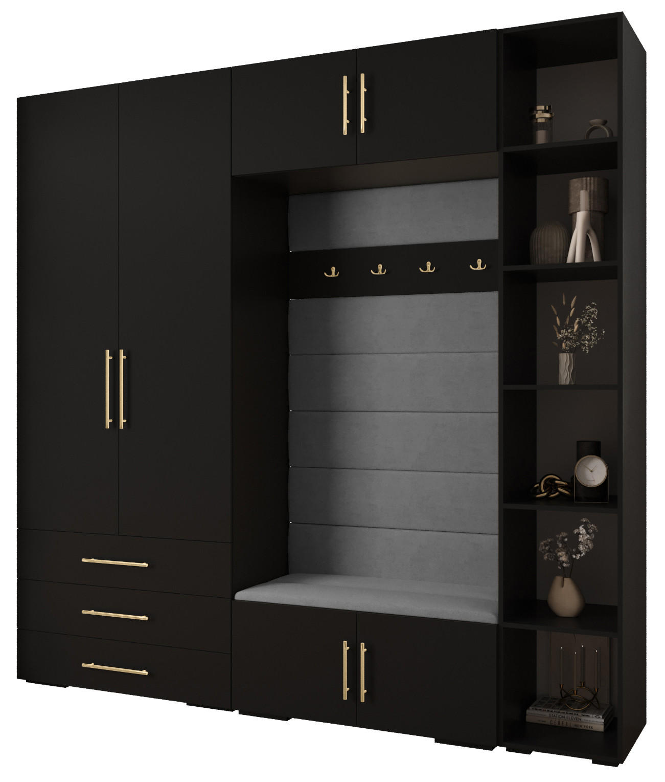 Abiks Möbel Garderoben-Set Schwarz, Grau, Gold 240x236.7x47 cm