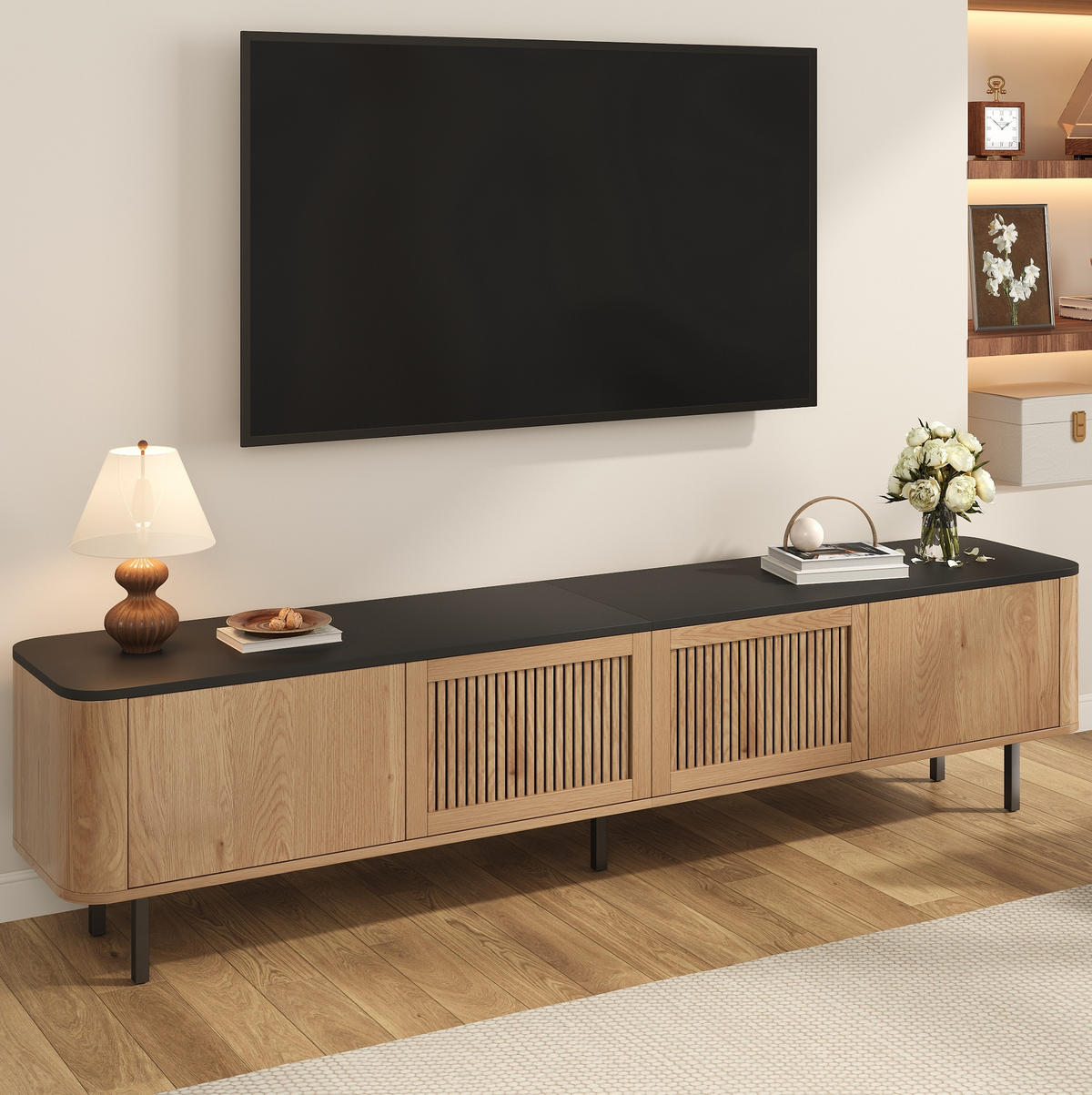 LOWBOARD 190/35/45 cm aus MDF und Holzwerkstoff mit Gittertüren Eichefarben/Schwarz - Braun, Holzwerkstoff (190/45/35cm) - Modenvie
