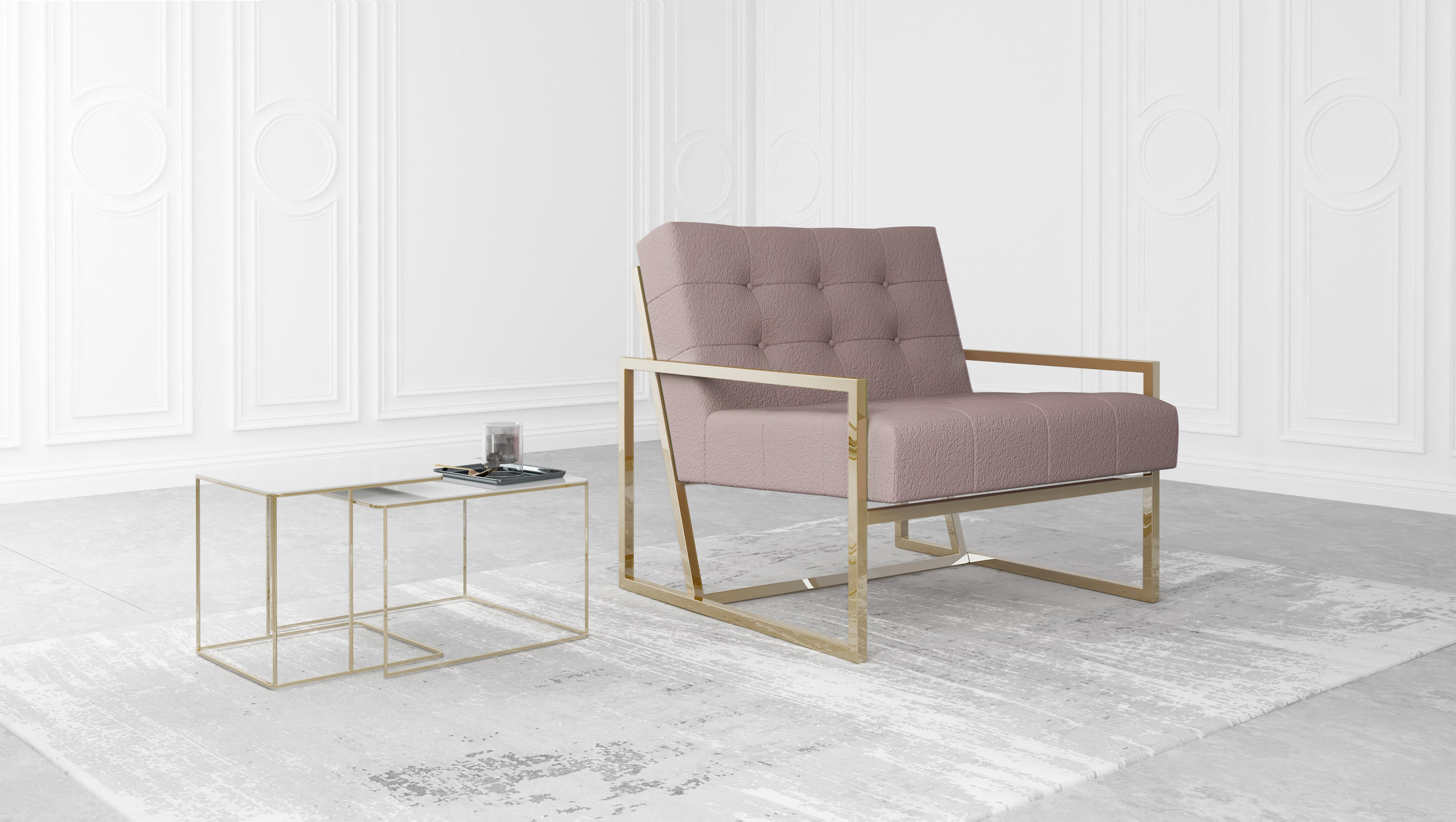 LOUNGESESSEL Duban Rosa Bouclé-Stoff - Pink/Goldfarben, Holz/Textil (84/81/89cm) - S-Style Möbel