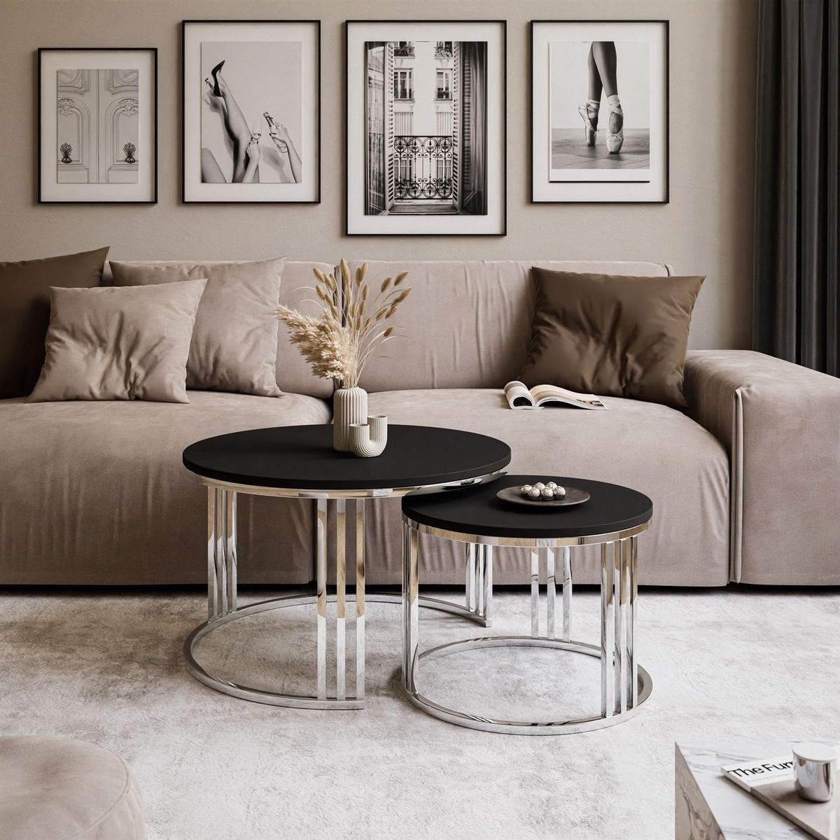 COUCHTISCH 2 in 1 LORI verchromt silber schwarz matt - Silberfarben, Holzwerkstoff (70/70/49cm) - Lookway