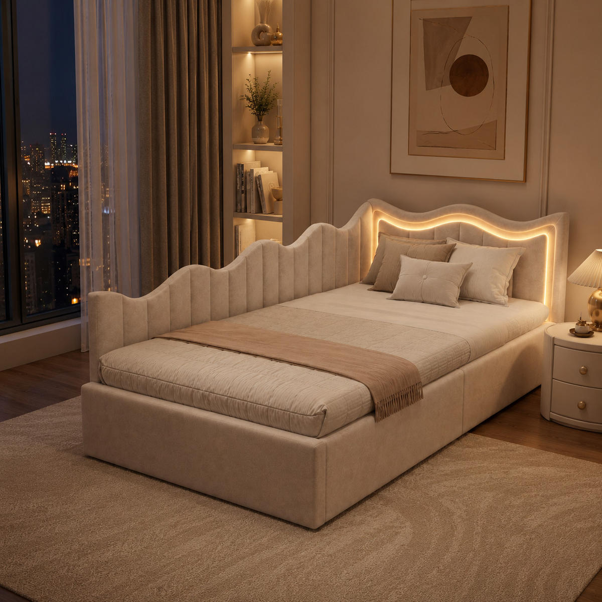 SCHLAFSOFA Samt cremeweiß mit RGB-LED-Beleuchtung, Fernbedienung, großem Stauraum unter der Liegefläche - Beige, Metall (97/75/213cm) - Joyfair