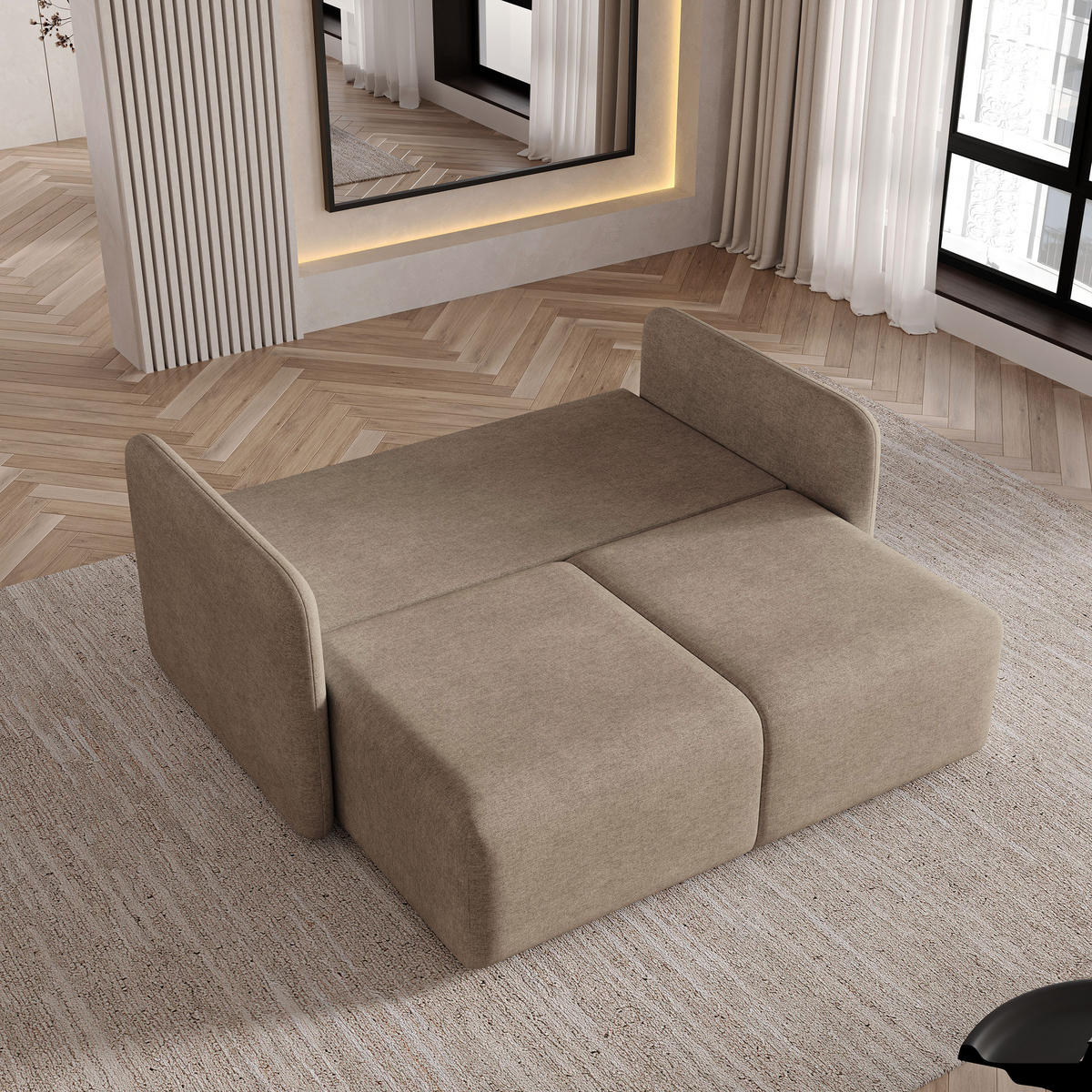 BETTSOFA SUVI II NV Braun Geflochtener Stoff mit Schlaffunktion - Hellbraun, Textil (90/85/153cm) - MASSENO