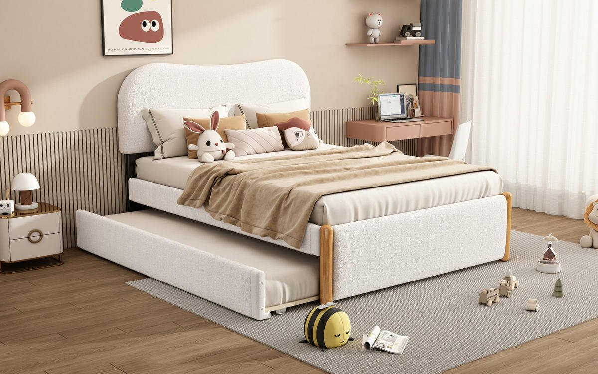 POLSTERBETT 140/200 cm weiß aus Plüsch mit ausziehbarem Rollbett - Weiß, Textil (140/200cm) - OKMYHOME