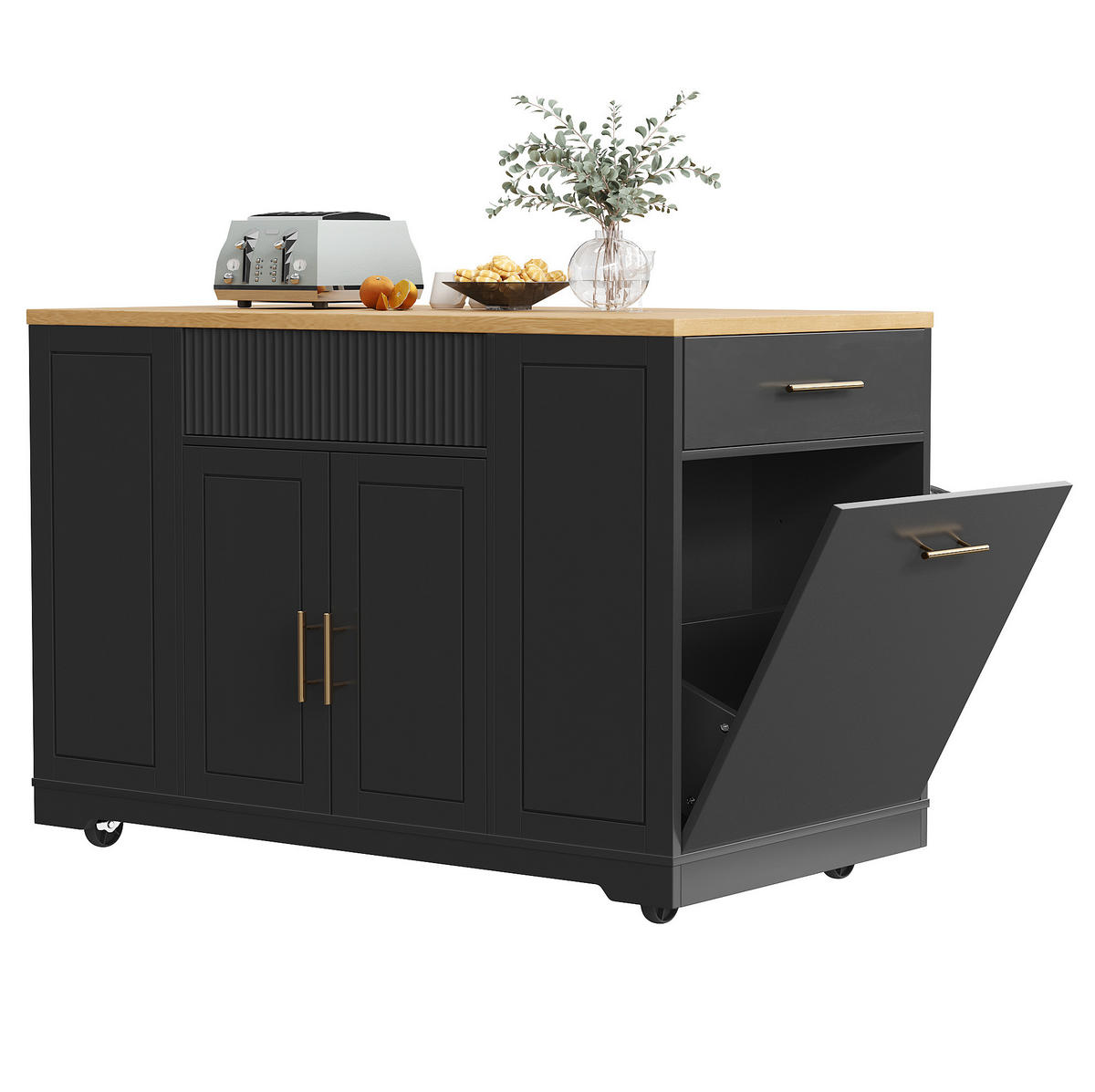 KUHINJSKI otok 120/50/92 cm iz MDF z vrtljivimi kolesi, predalom za koš in 2 vrati, Črna - črna, leseni material (120/92/50cm) - Redom