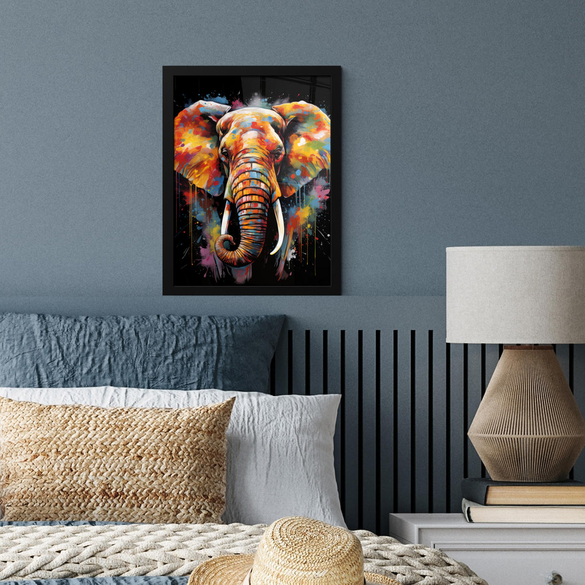 GERAHMTES BILD Elefant - Graffiti - Schwarz - Tiere - Farben 30x40 cm - Schwarz, Papier (30/40cm) - MuchoWow