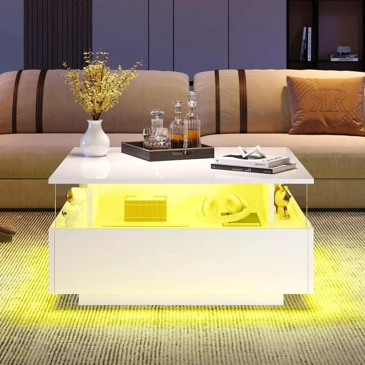 COUCHTISCH, Weiß, Hochglanz-LED, 70 x 70 x 41 cm, mit Schubladen - Weiß, Holzwerkstoff (70/70/41cm) - Kaket