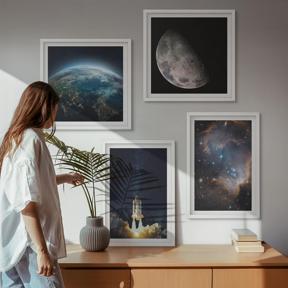 BILDER SET 4er Set - 50x50 cm & 40x60 cm Weißer Rahmen - Weltraum Erde Rakete Galaxie - Weiß, Kunststoff (50/50cm) - TULUP