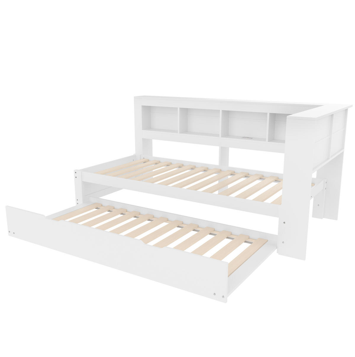 POLSTERBETT aus Kiefernholz 90x200 cm in Weiß mit Ausziehbett & USB-Anschlüssen - Weiß, Holz (90/200cm) - Modfu
