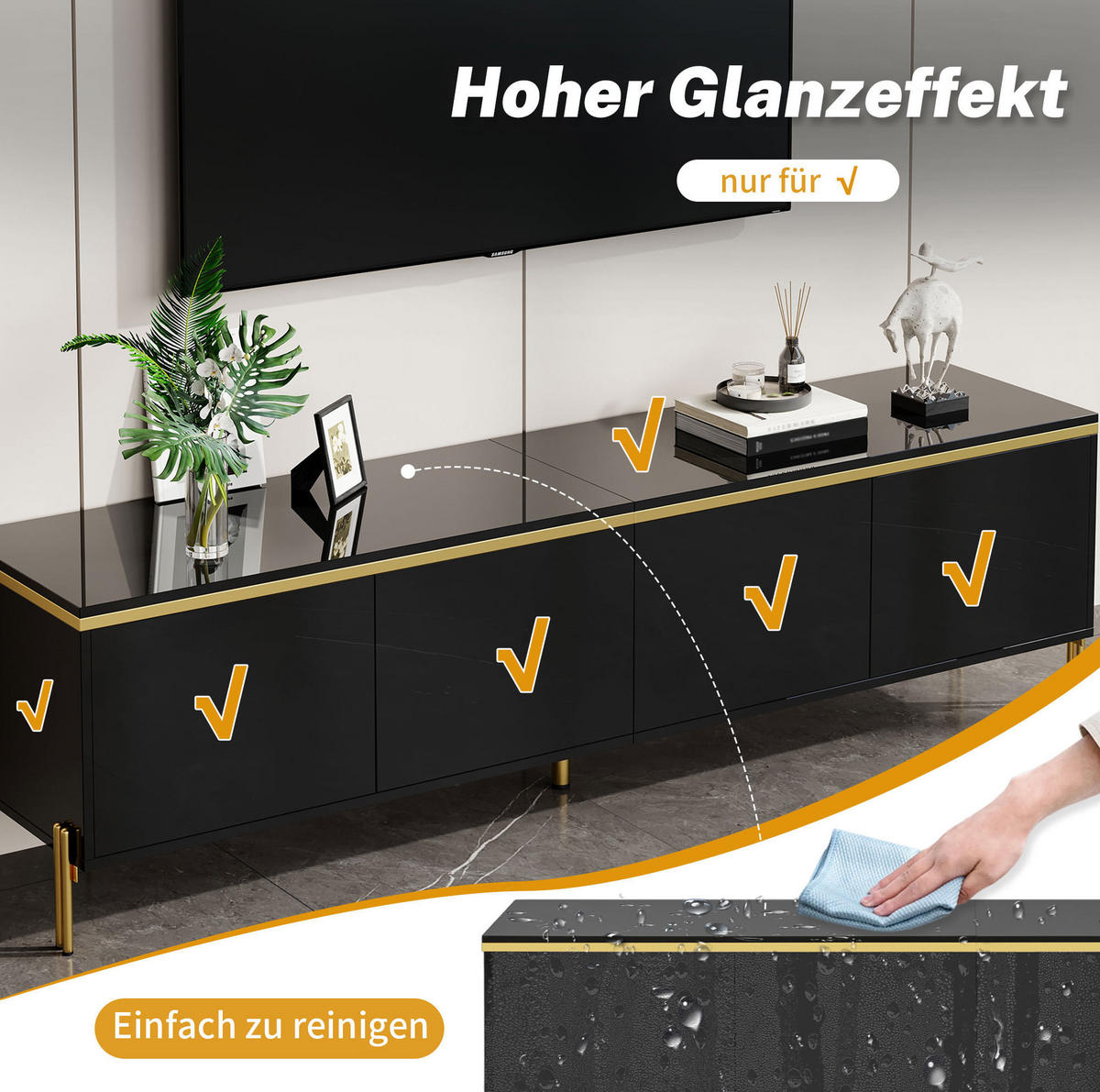 TV-MÖBEL- und Couchtisch-Set aus Spanplatte 170x38x50 + 100x50x36 cm Schwarz mit Stauraum, hochglänzend und goldfarbenen Beinen - Schwarz, Holzwerkstoff (170/50/38cm) - Modfu