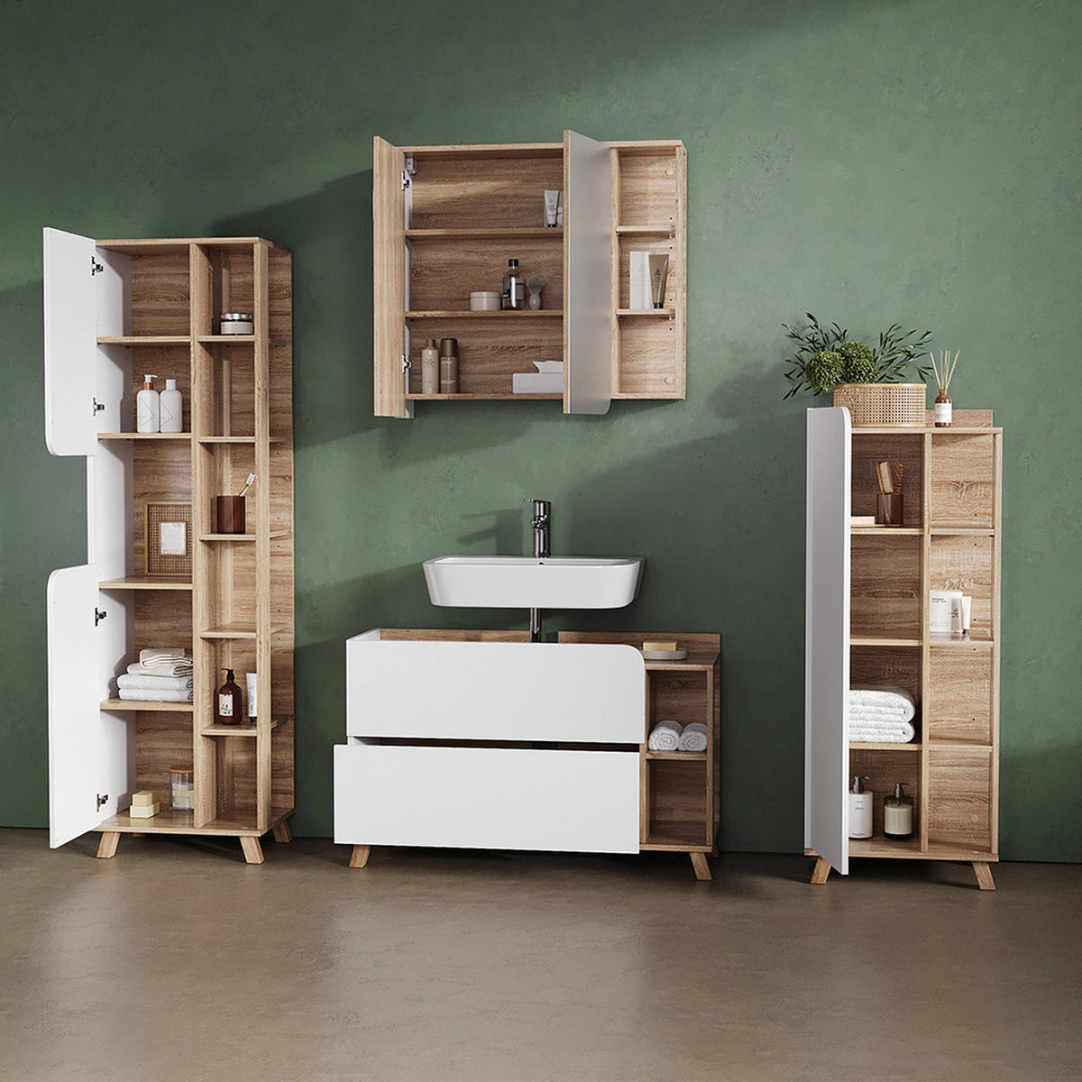 KOMPLET KOPALNIŠKEGA POHIŠTVA Marano, Sonoma/Bela, 4-delni - bela/hrast sonoma, leseni material (100/65/35cm) - Livinity®