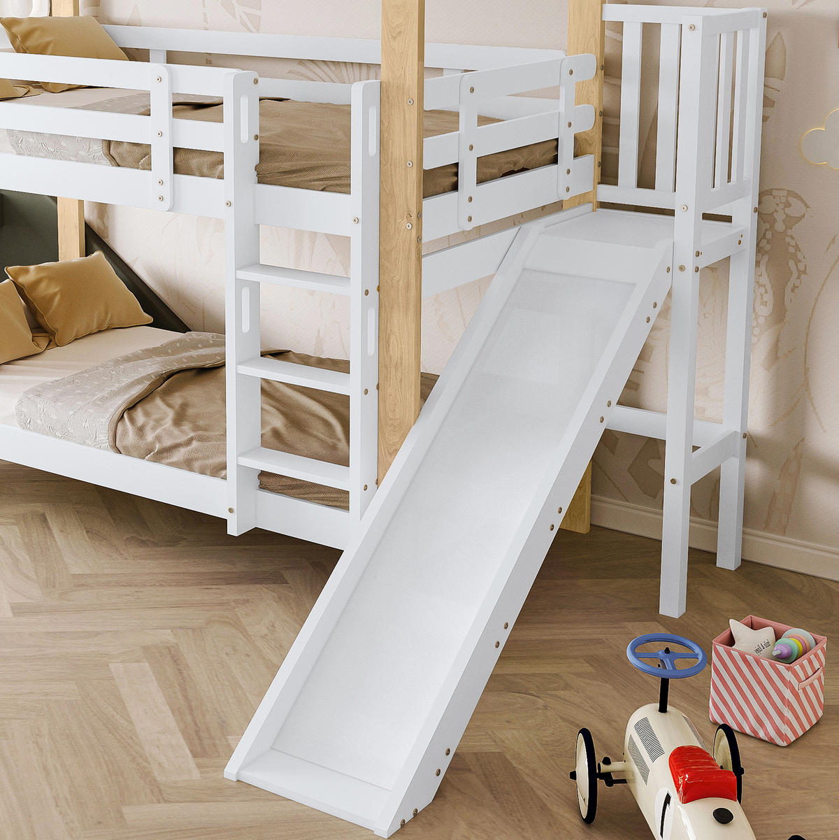 ETAGENBETT aus Kiefer und MDF 90x200 cm Weiß/Natur mit Rutsche, Hausdach und Absturzsicherung - Weiß, Holzwerkstoff (90/200cm) - Modfu