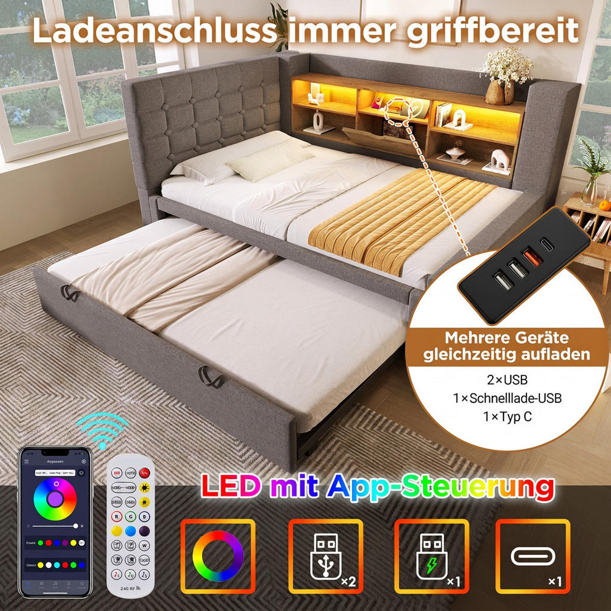 POLSTERBETT 90/200 cm Grau mit Ausziehbett 90/190 cm LED-Beleuchtung und Stauraum (Ohne Matratze) - Grau, Textil (90/200cm) - Oxeza