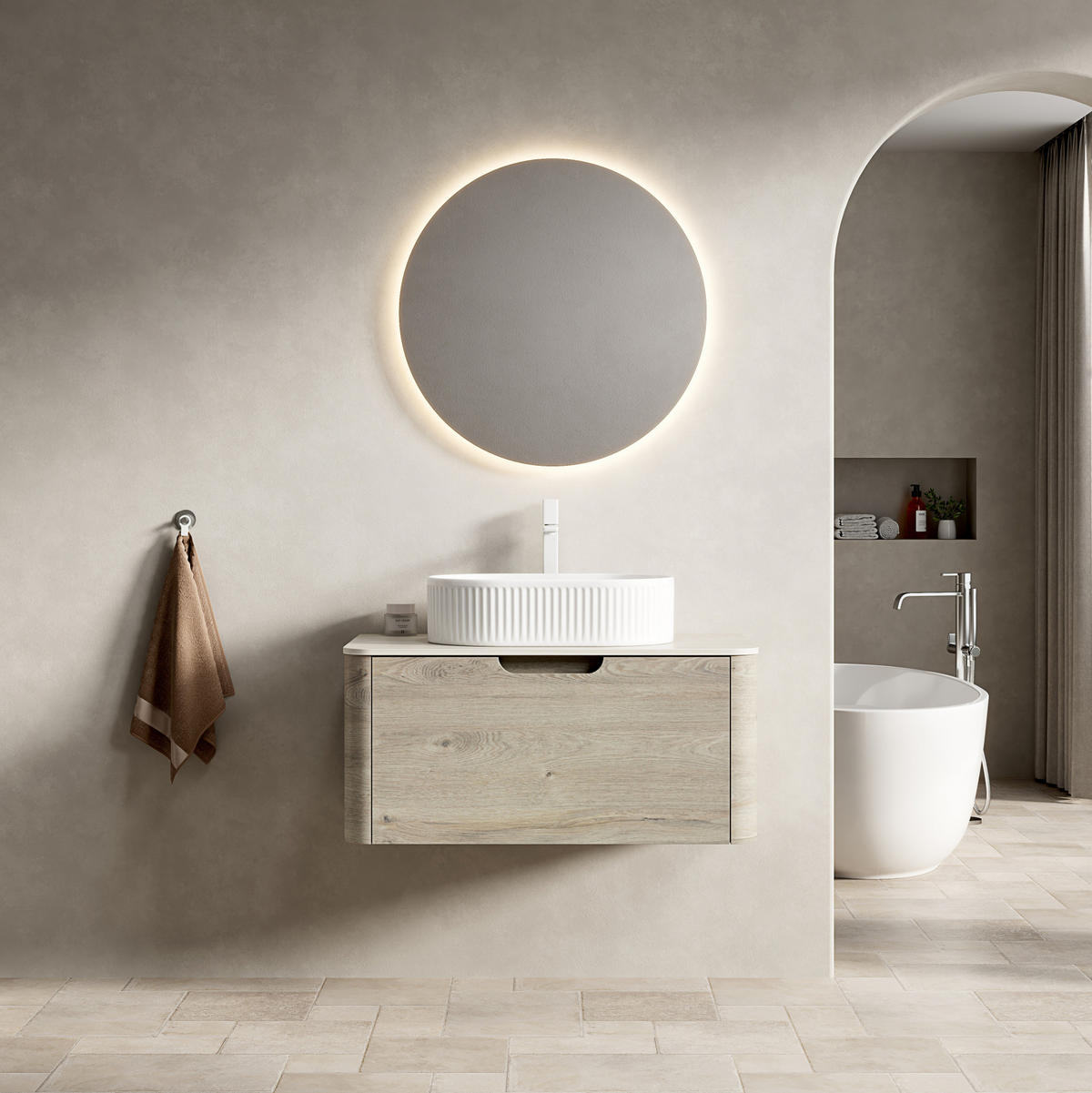 WASCHTISCHKOMBI 80 cm Beige/Off White/White aus Keramik und Sinterstein mit Soft-Close-Schublade - Creme, Keramik (80/50.2/46cm) - OKMYHOME