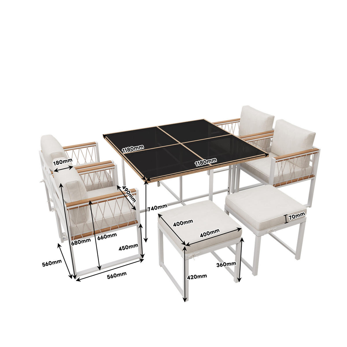 GARTENTISCH- UND STUHLSET Weiß 7tlg - Creme, Glas/Holzwerkstoff - Urban Meuble