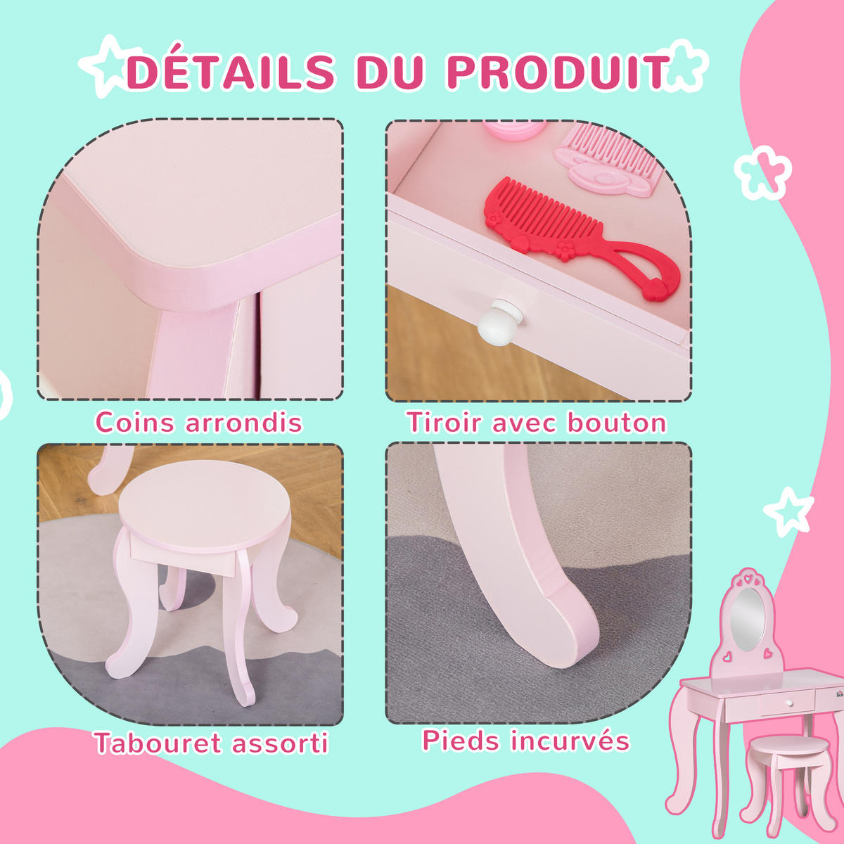 KINDERSCHMINKTISCH DE-18626 mit Herz-Motiven, inkl. Hocker Rosa - Pink, Holzwerkstoff (36/88/60cm) - ComfortXL