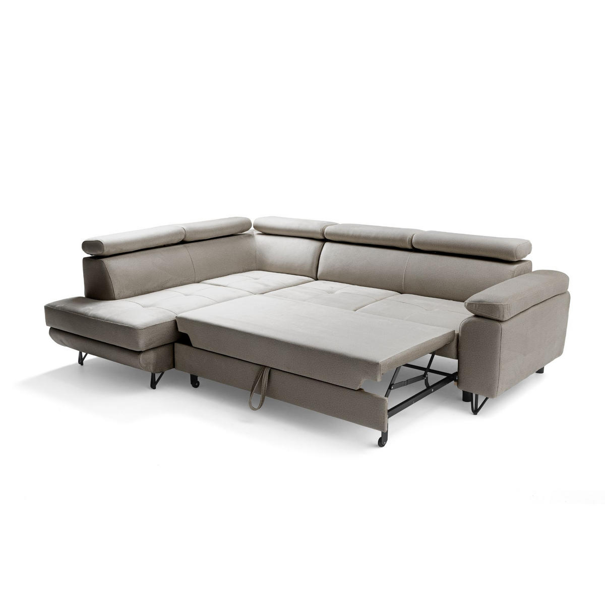 ECKSOFA JUNIOR L Links mit Schlaffunktion 194x128 Velours Beige - Beige/Schwarz, Holz/Textil (249/184cm) - Muffo