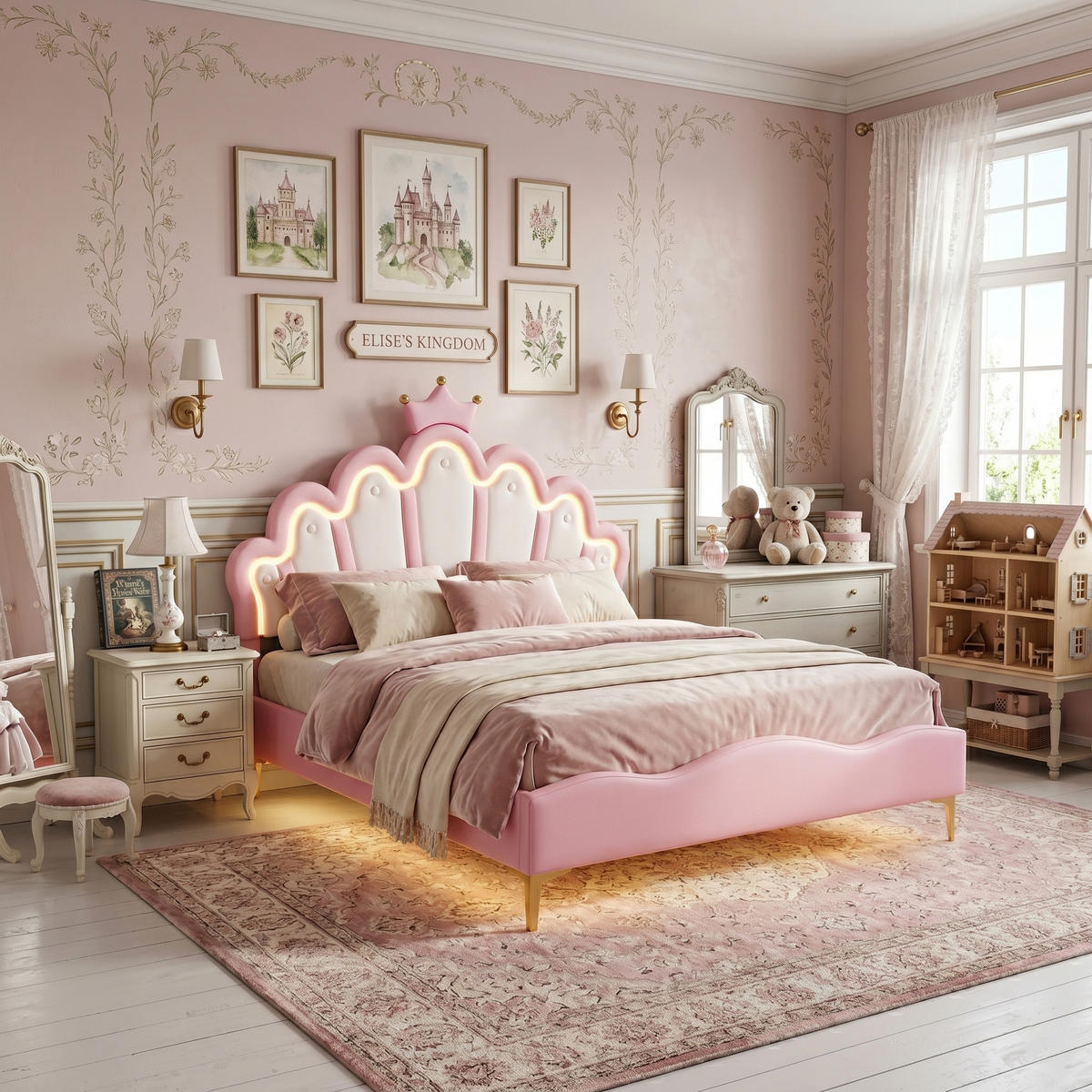 POLSTERBETT Bogen-Krone mit 2-Zonen-LED & Goldbeinen 140/200 cm PU-Leder Rosa - Pink, Leder (140/200cm) - Creahappy