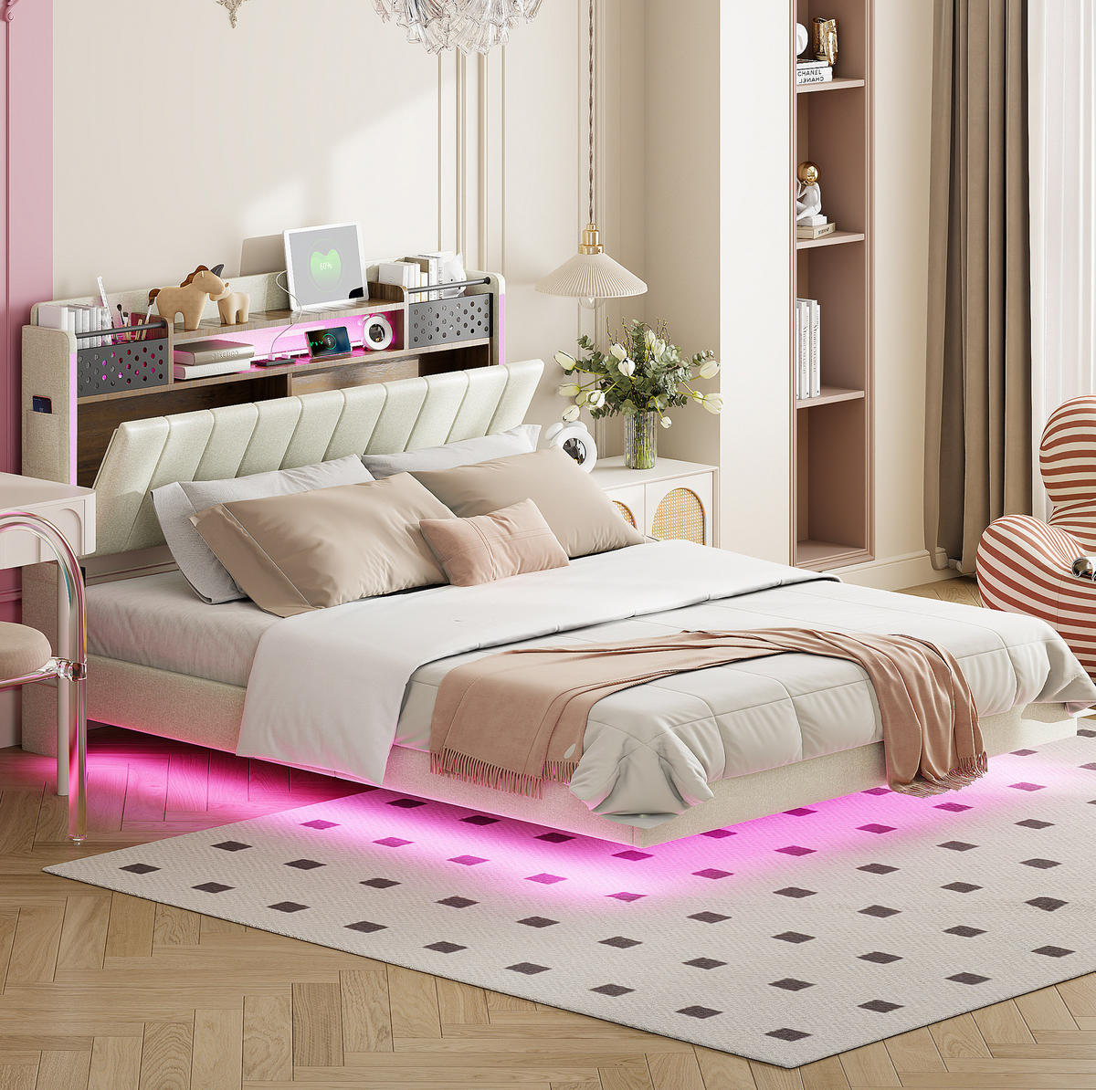ČALÚNENÁ posteľ 140/200 cm s LED osvetlením, USB portom a úložným čelom, Béžová - béžová, textil (140/200cm) - Redom