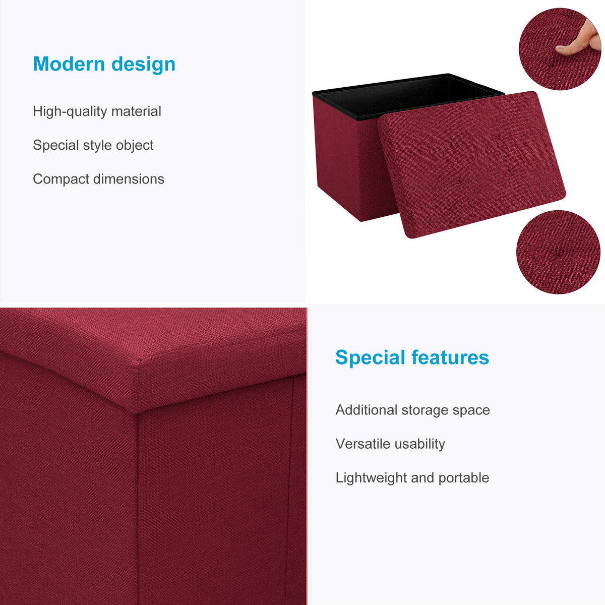 SITZBOX Faltbar mit Stauraum 49/30/30 cm (Rot) - Rot, Textil (30/30/49cm) - Intirilife