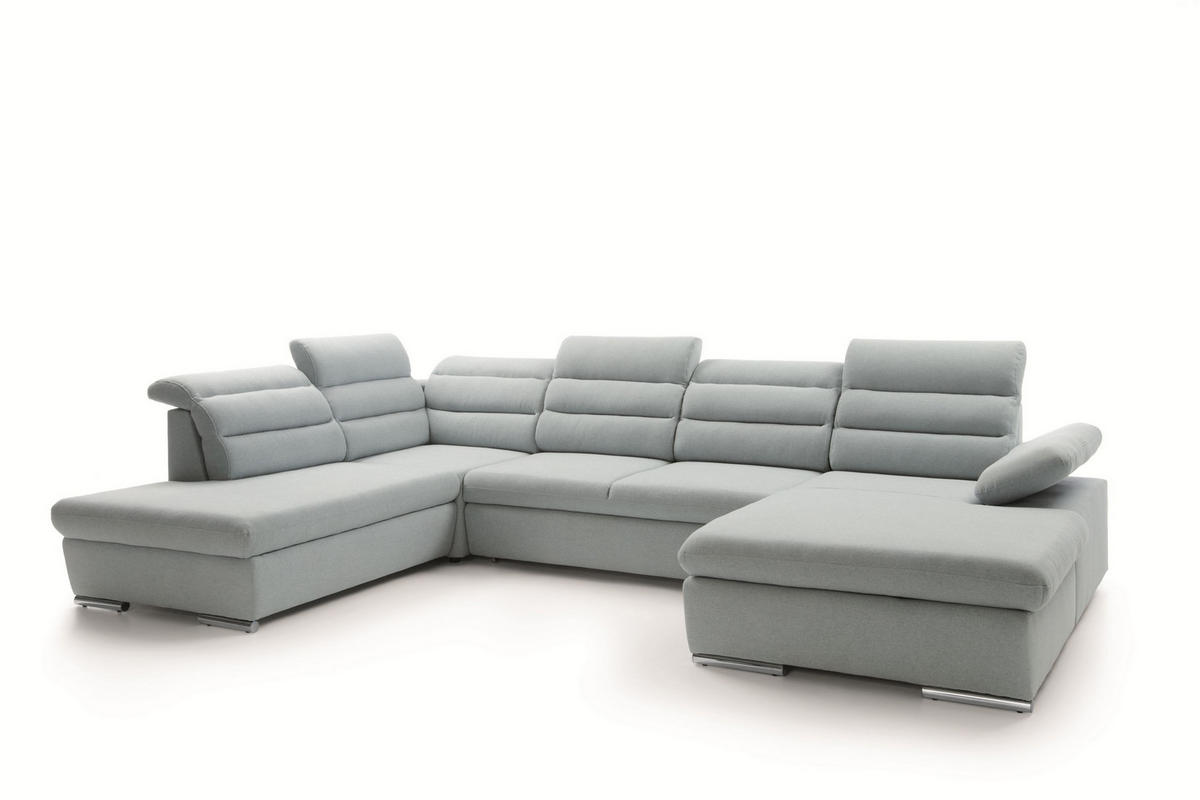 WOHNLANDSCHAFT RISO Blau Velours-Stoff mit Schlaffunktion - Blau, Holz (356/100/230cm) - MASSENO