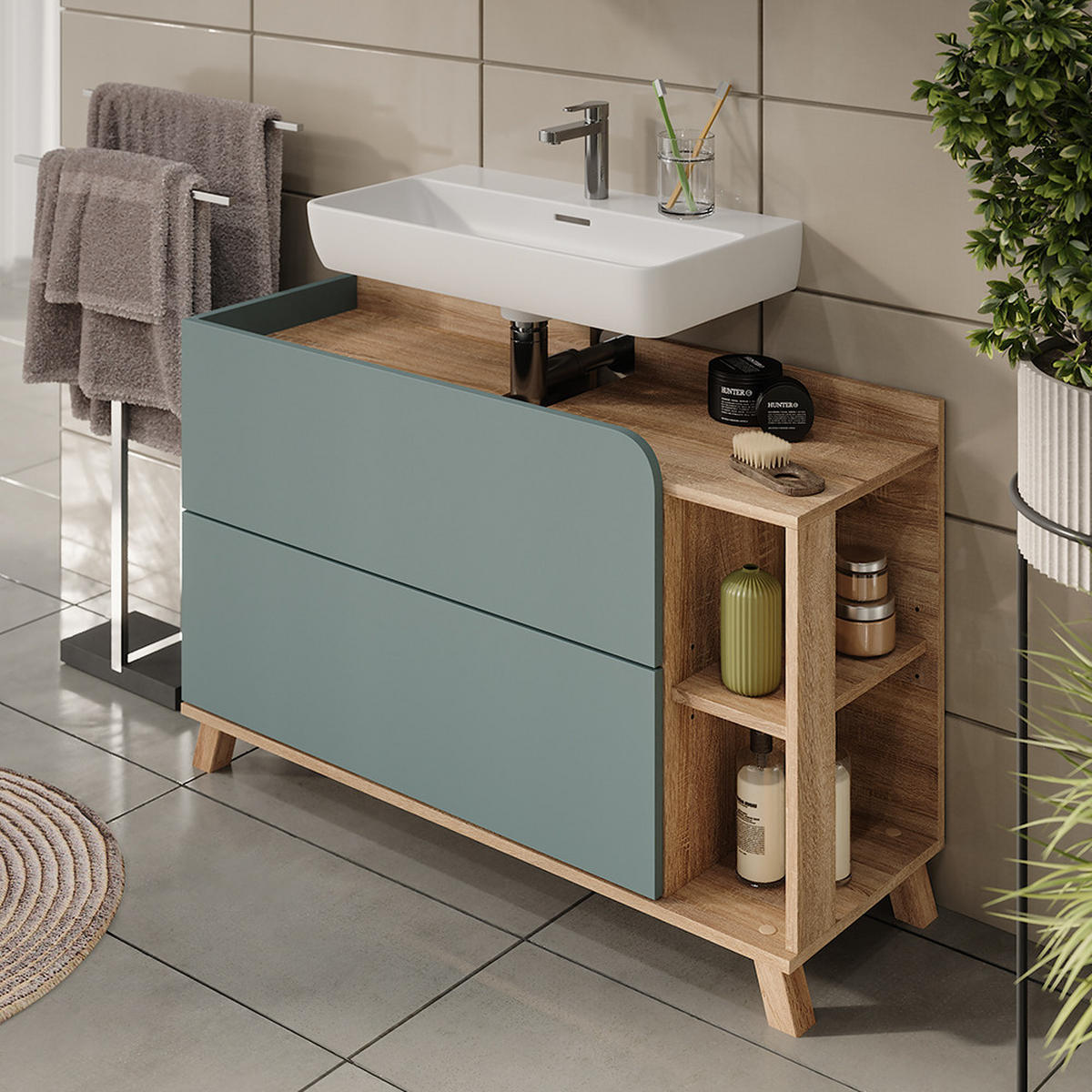 WASCHBECKENUNTERSCHRANK Karen Sonoma/Blau 100 x 65 cm mit 2 Schubladen - Blau, Holzwerkstoff (100/65/35cm) - Vicco