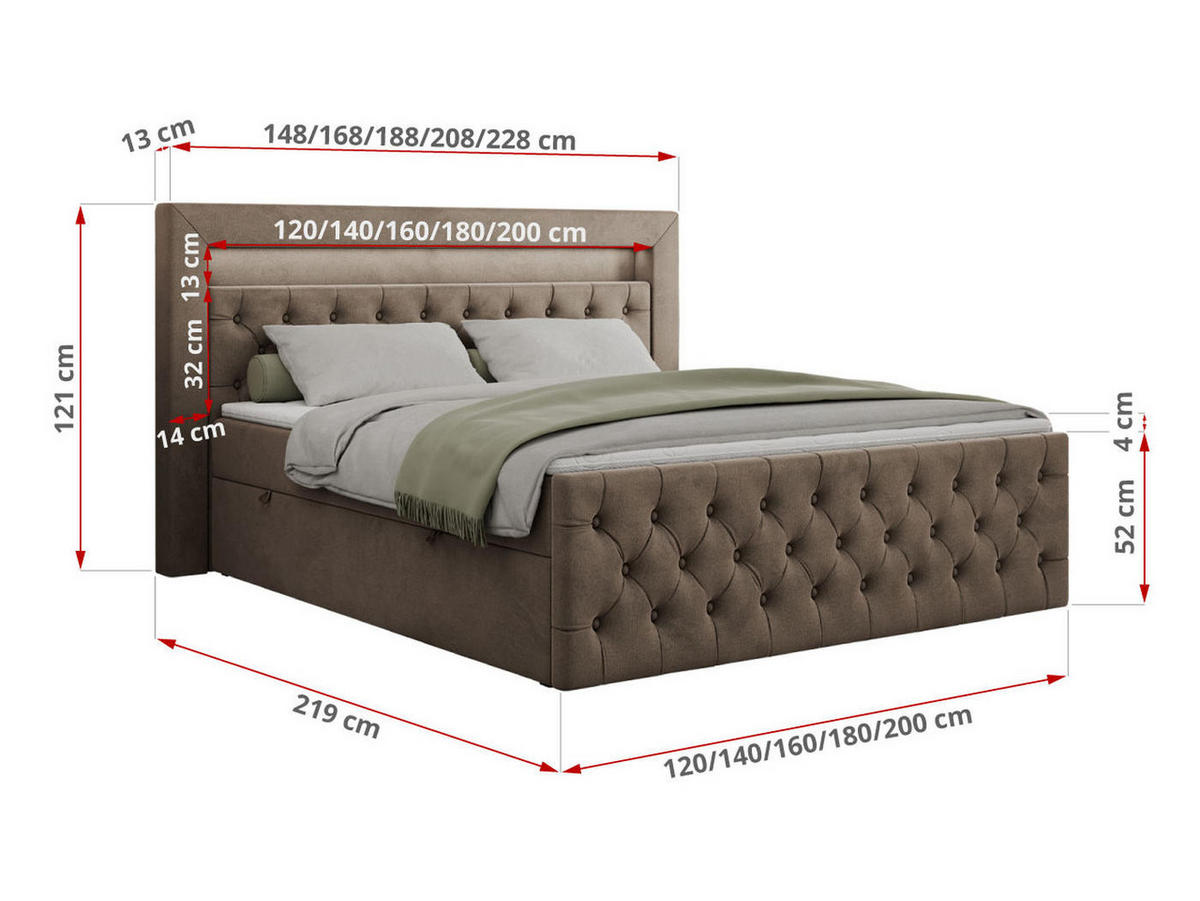 BOXBETT GOLD-9 LED 160/200 Braun Velvet - H3 - Braun, Holz/Textil (160/200cm) - MKS