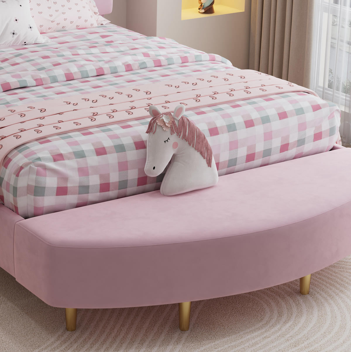 SAMT-POLSTERBETT 140/200 cm in Rosa mit gepolstertem Kopfteil und Bettbank - Rosa, Textil (140/200cm) - BEAOK