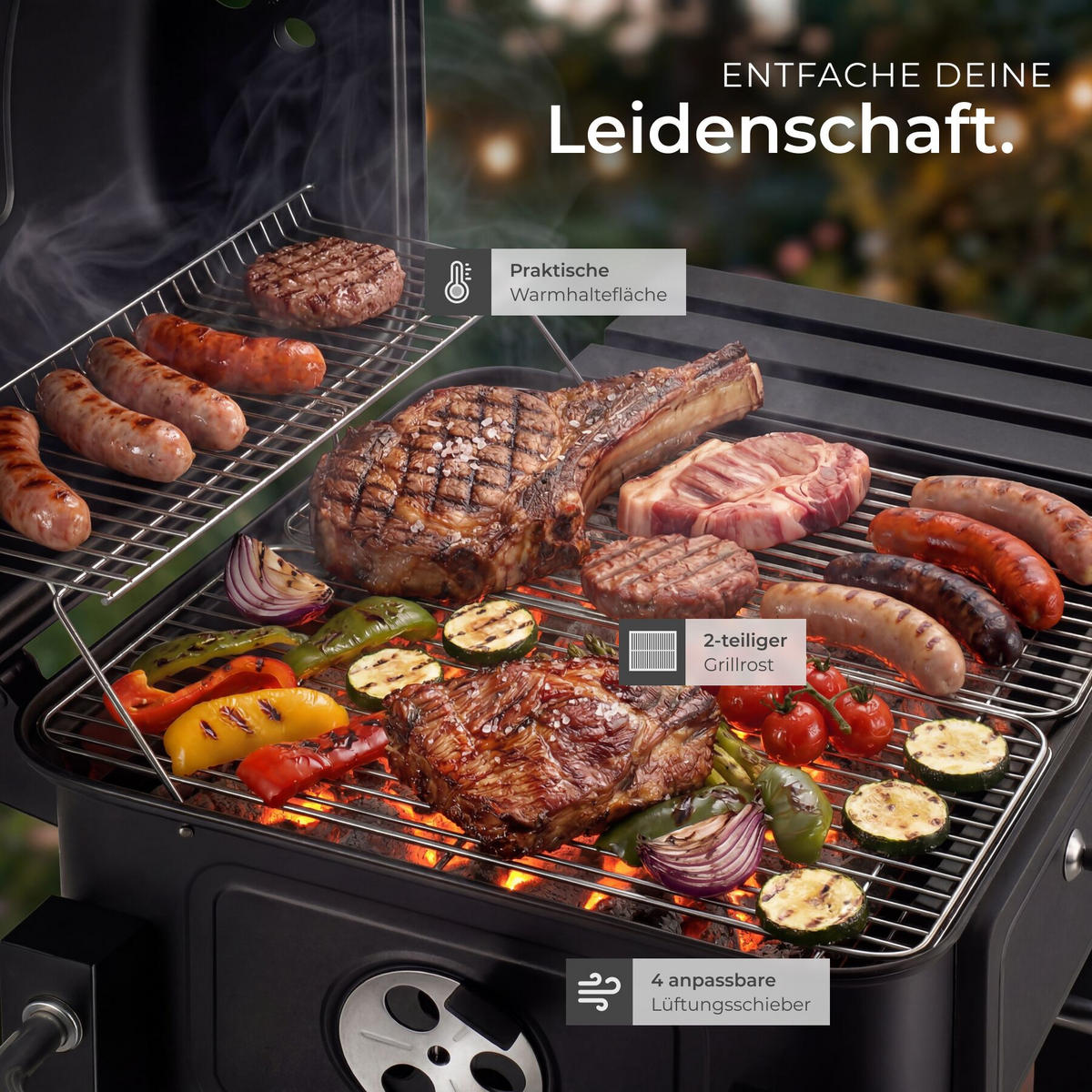 HOLZKOHLEGRILL Florian, 110 x 64 x 104 cm, untere Gitterablage, schwarz - Schwarz, Metall (110/104/64cm) - tectake