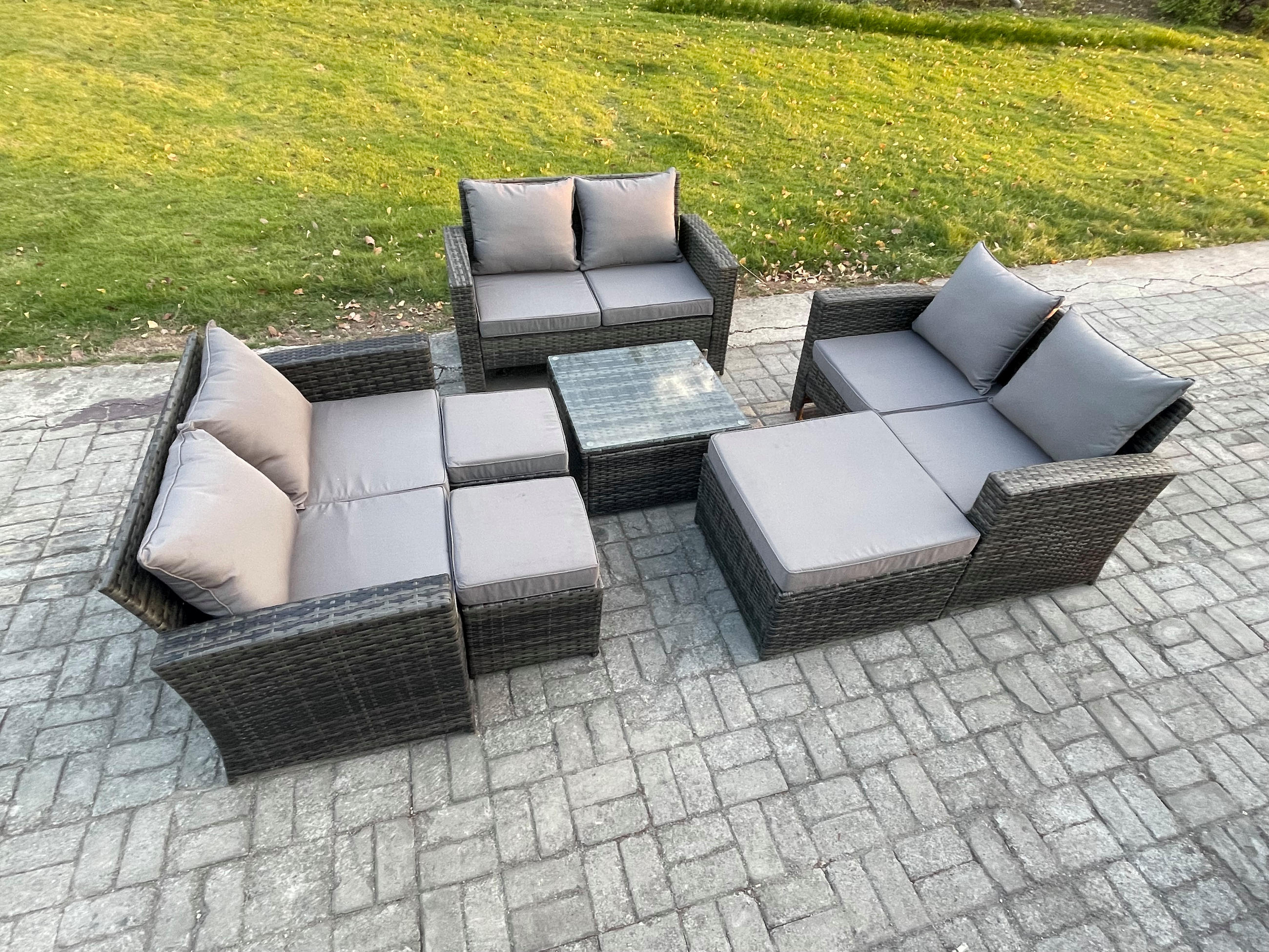 GARTENSOFA Hohe Rückenlehne Polyrattan Dunkelgrau 9-Sitzer - Dunkelgrau, Metall - Fimous