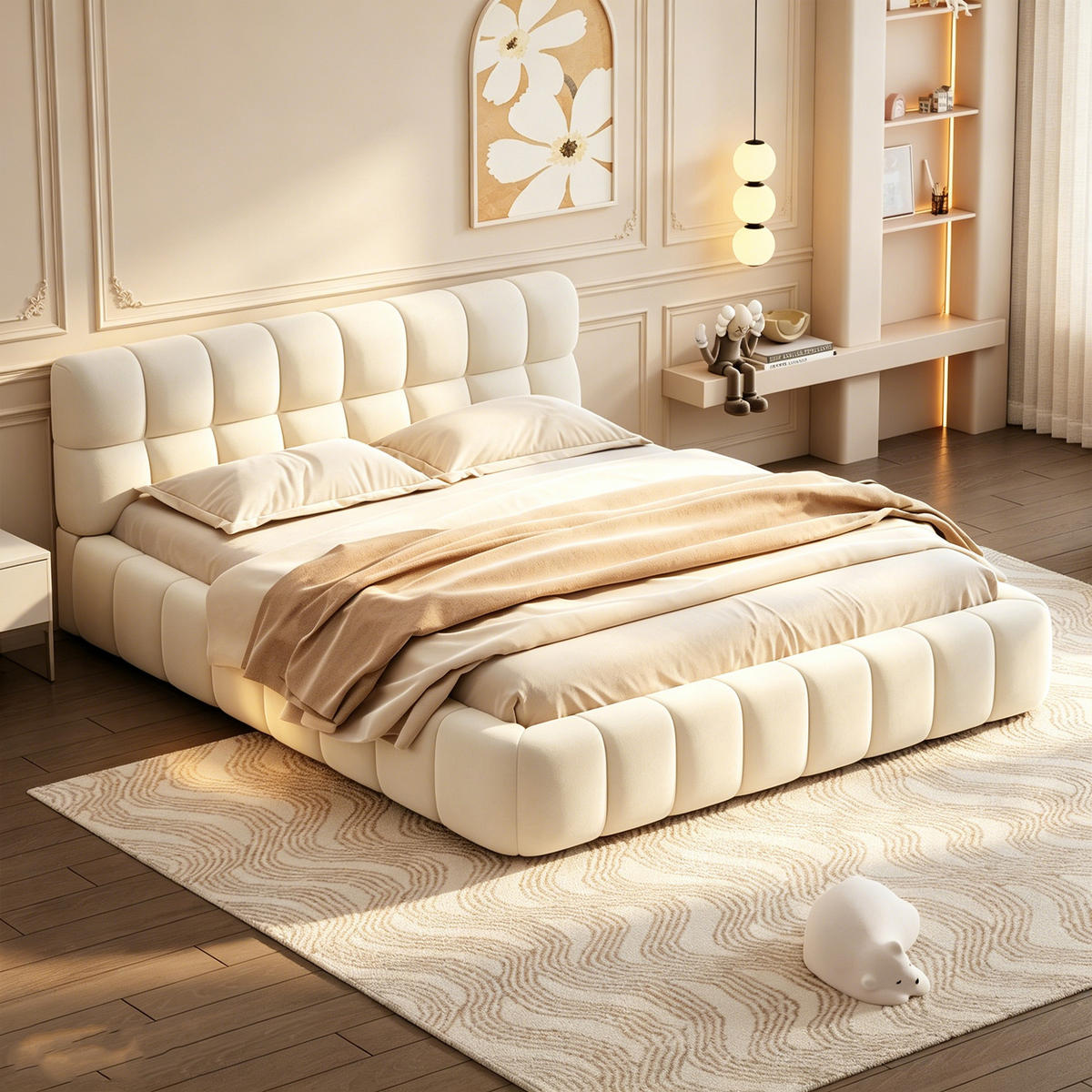 POLSTERBETT 140x200 mit Lattenrost, beige Leinen, niedriges Design mit eingelassener Matratze, sicher und stilvoll - Beige, Holz/Textil (140/200cm) - GENKI LIVING