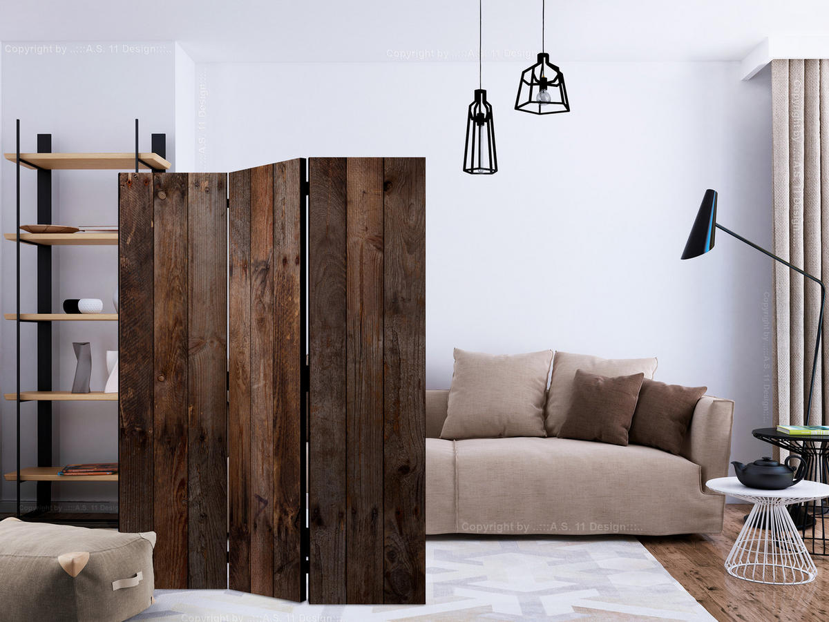 PARAVENT Beidseitig Bedruckter 3-tlg 135x172 cm Holzbrett-Optik - Braun, Holz/Textil (135/172/3cm) - Muralo