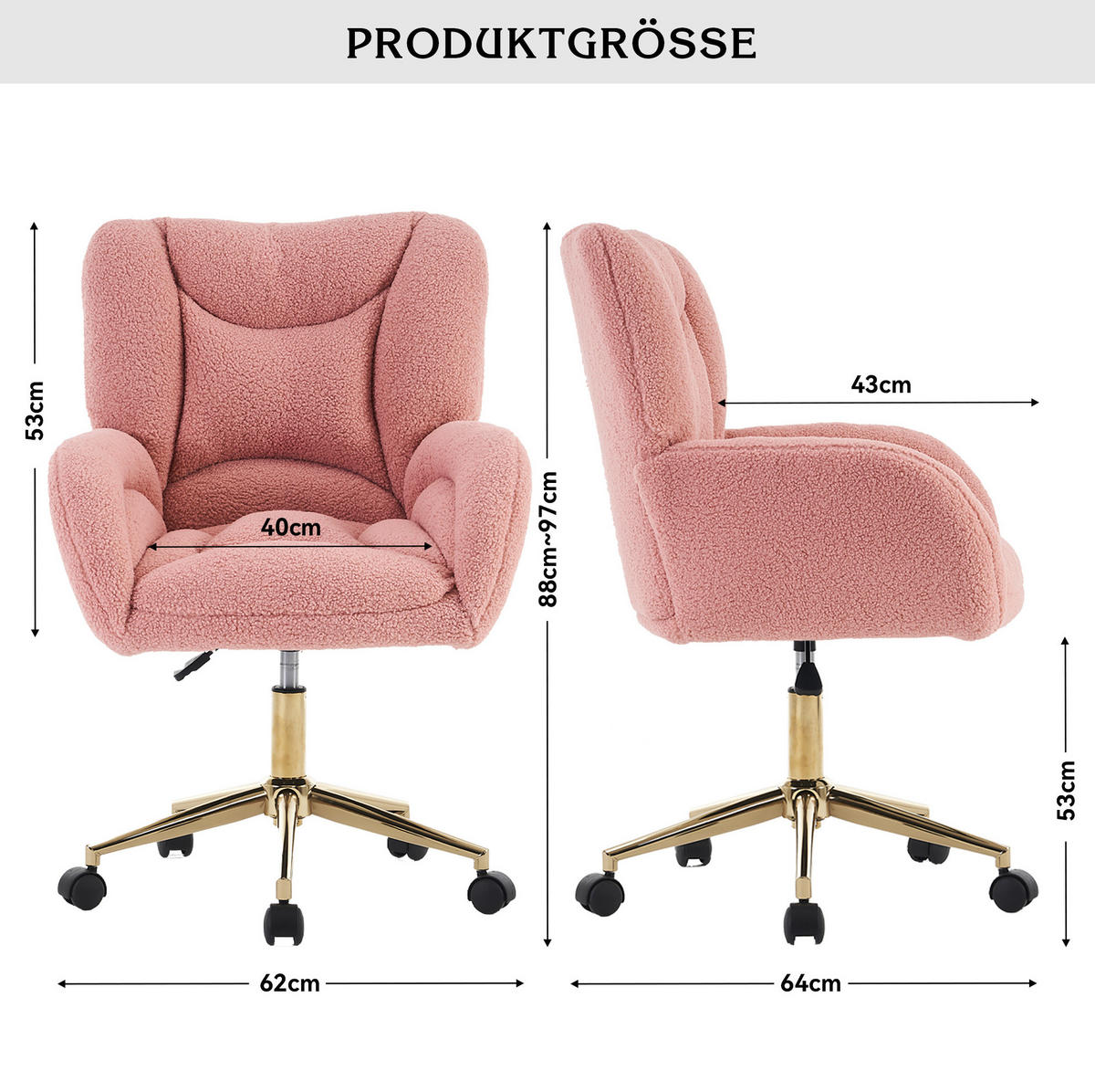 DREHSTUHL Teddy-Stoff höhenverstellbar und 360° drehbar 64/62/92.5 cm Rosa - Rosa, Textil (62/92.5/64cm) - Redom