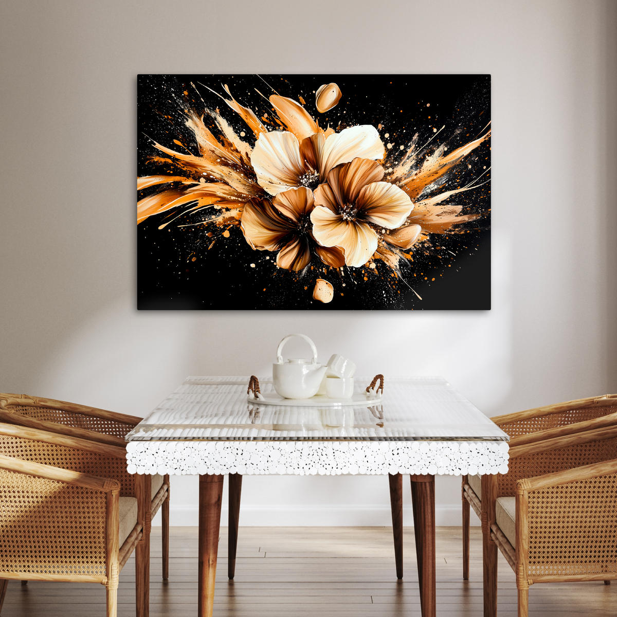 LEINWANDBILD Blumen - Gold - Graffiti - Schwarz - Abstrakt Wohnzimmer 120x80 cm - Cappuccino, Textil (120/80cm) - MuchoWow