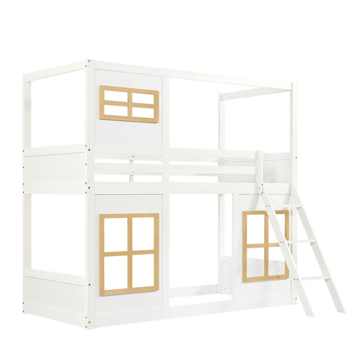 ETAGENBETT 90/200 cm aus Kiefer/MDF mit Fenstern, Trittleiter und Rundum-Absturzschutz, Weiß/Natur - Weiß, Holzwerkstoff (90/200cm) - Redom