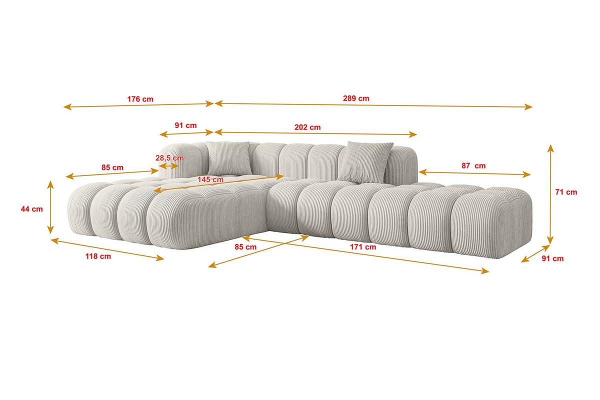 ECKSOFA Ottomane Links OLEA-L2 - 289x176x71 cm Hellgrau Cord - Hellgrau/Schwarz, Holzwerkstoff/Kunststoff (176/289cm) - ALTDECOR