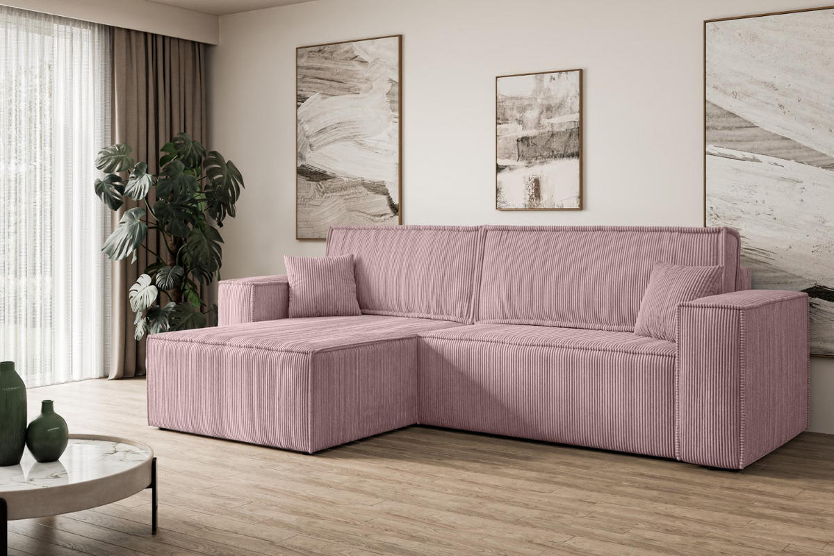 ECKSOFA mit Schlaffunktion und Bettkasten CELTIC-XL - 277x143x83 cm Rosa Cord - Schwarz/Rosa, Holzwerkstoff/Kunststoff (277/143cm) - ALTDECOR
