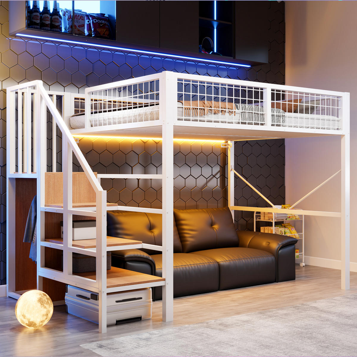 HOCHBETT 140/200 cm mit Stauraumleiter und LED, DE-41606, in Weiß - Weiß, Metall (140/200cm) - ComfortXL