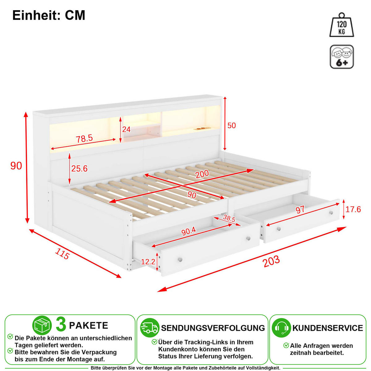 SCHLAFSOFA 90/200 cm in Weiß mit 2 Schubladen, LED und USB - Weiß, Holz/Holzwerkstoff (90/200cm) - CHICFURN